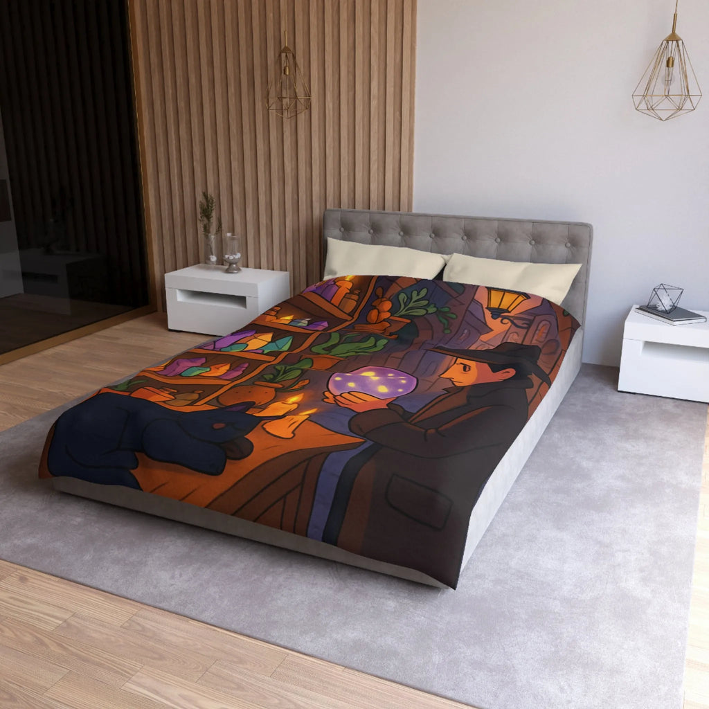 Housse de couette élégante avec scène mystique de ruelle et chat noir