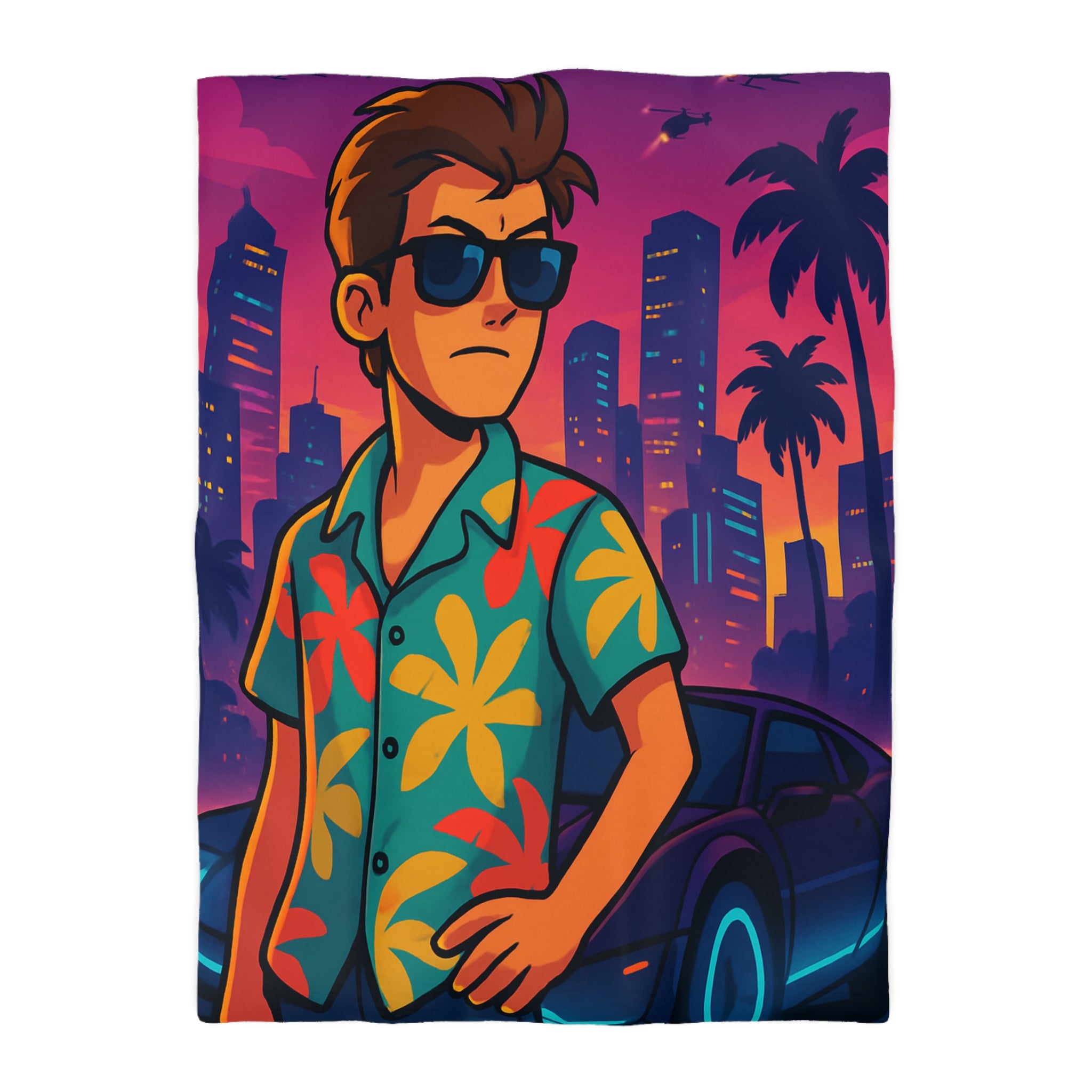 Housse de Couette Style Rétro avec Design Urbain et Palmiers au Crépuscule