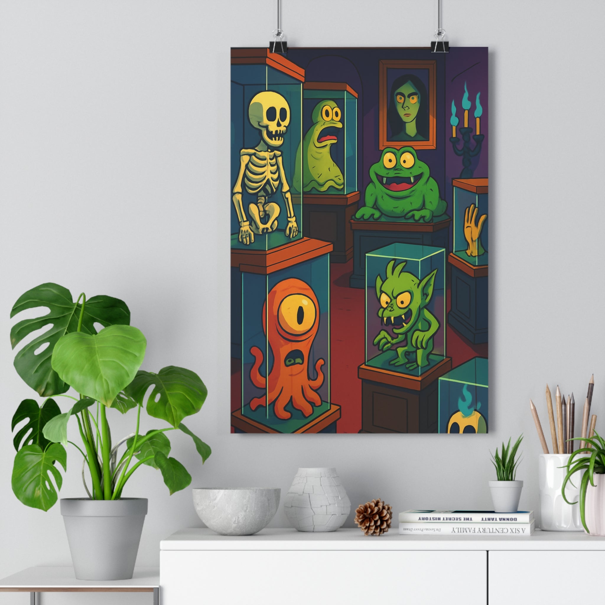 Poster décoratif cartoon créatures musée étrange vert orange mystique ambiance chambre salon enfant unique