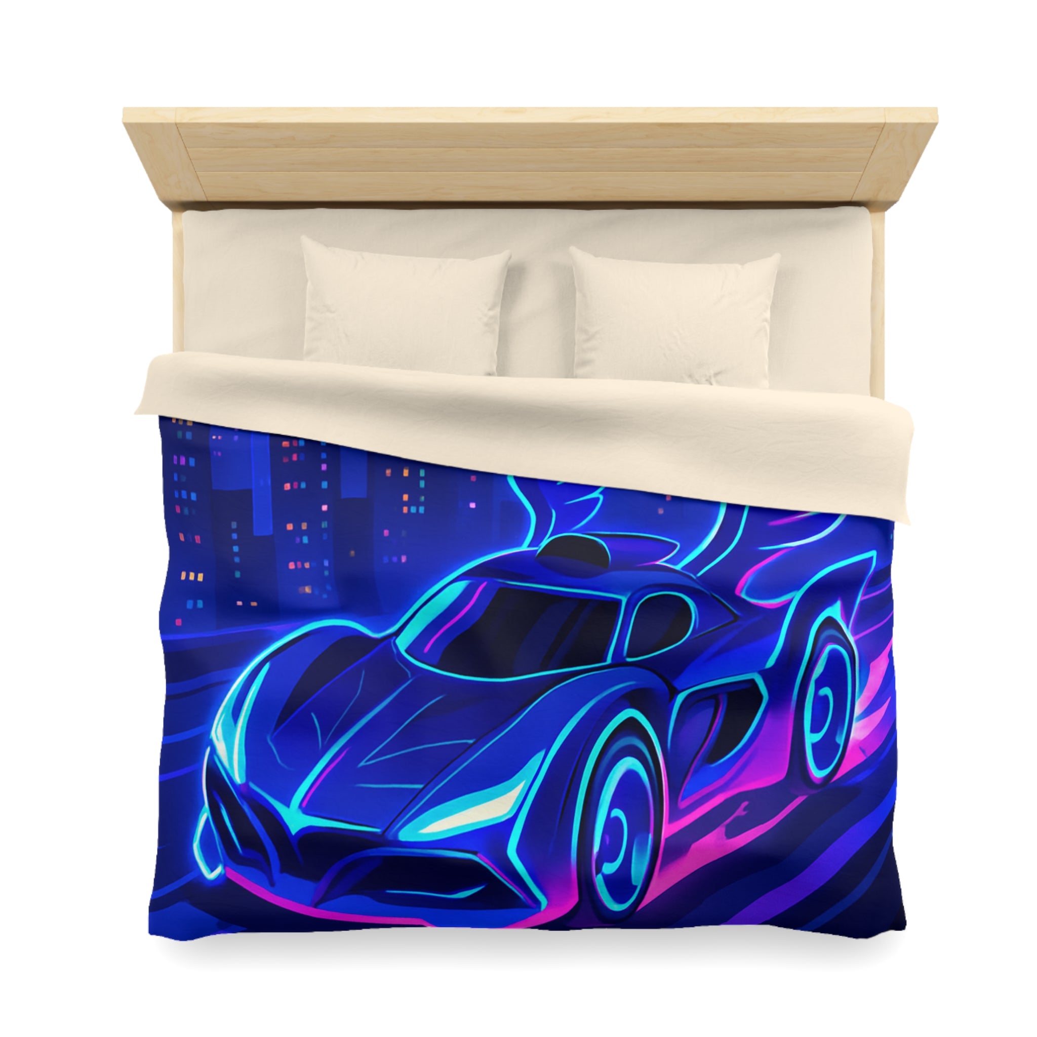Housse de couette néon voiture futuriste volant dans une ville aux reflets lumineux