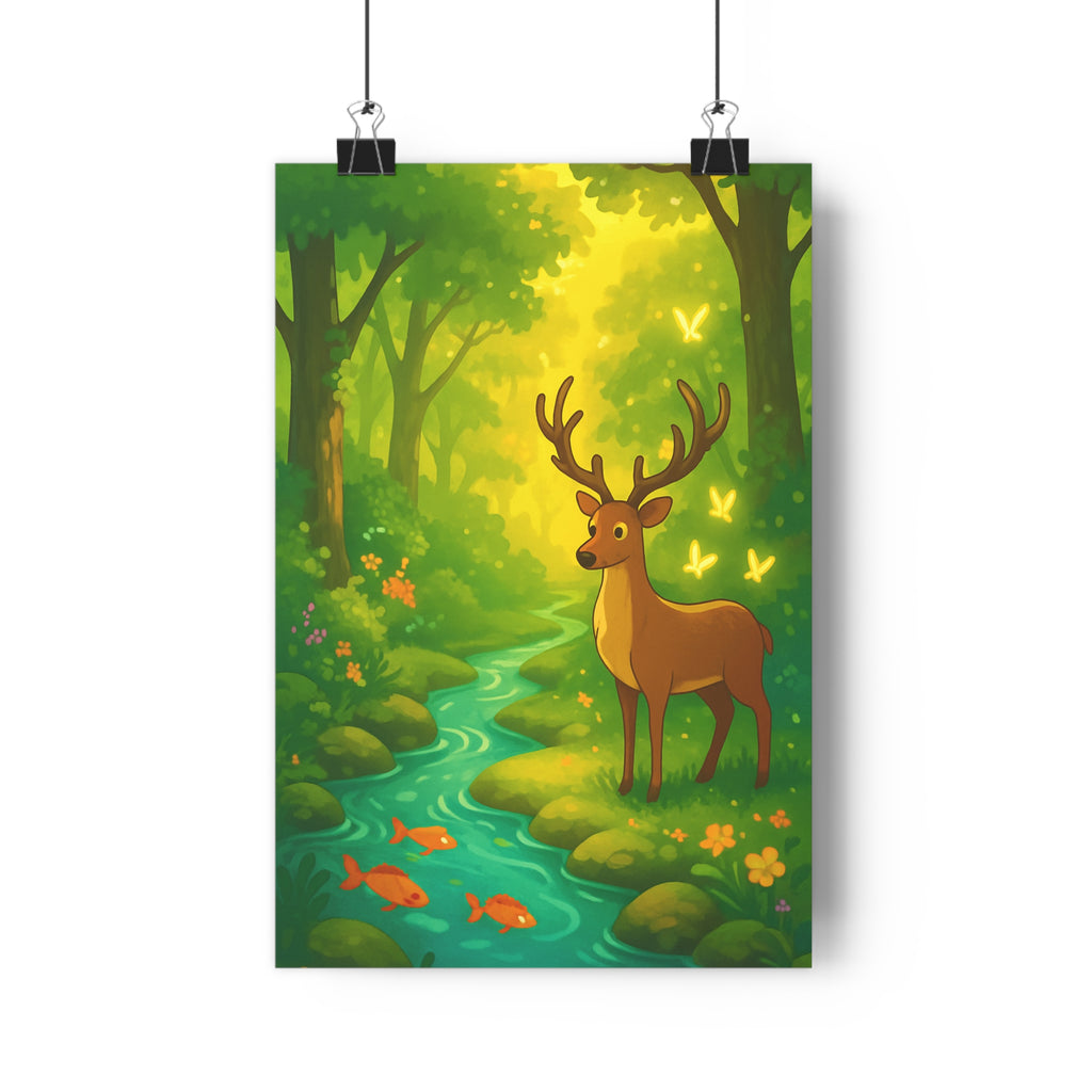 Poster décoratif cartoon nature vert pastel cerf lumineux paisible salon chambre déco mural tableau