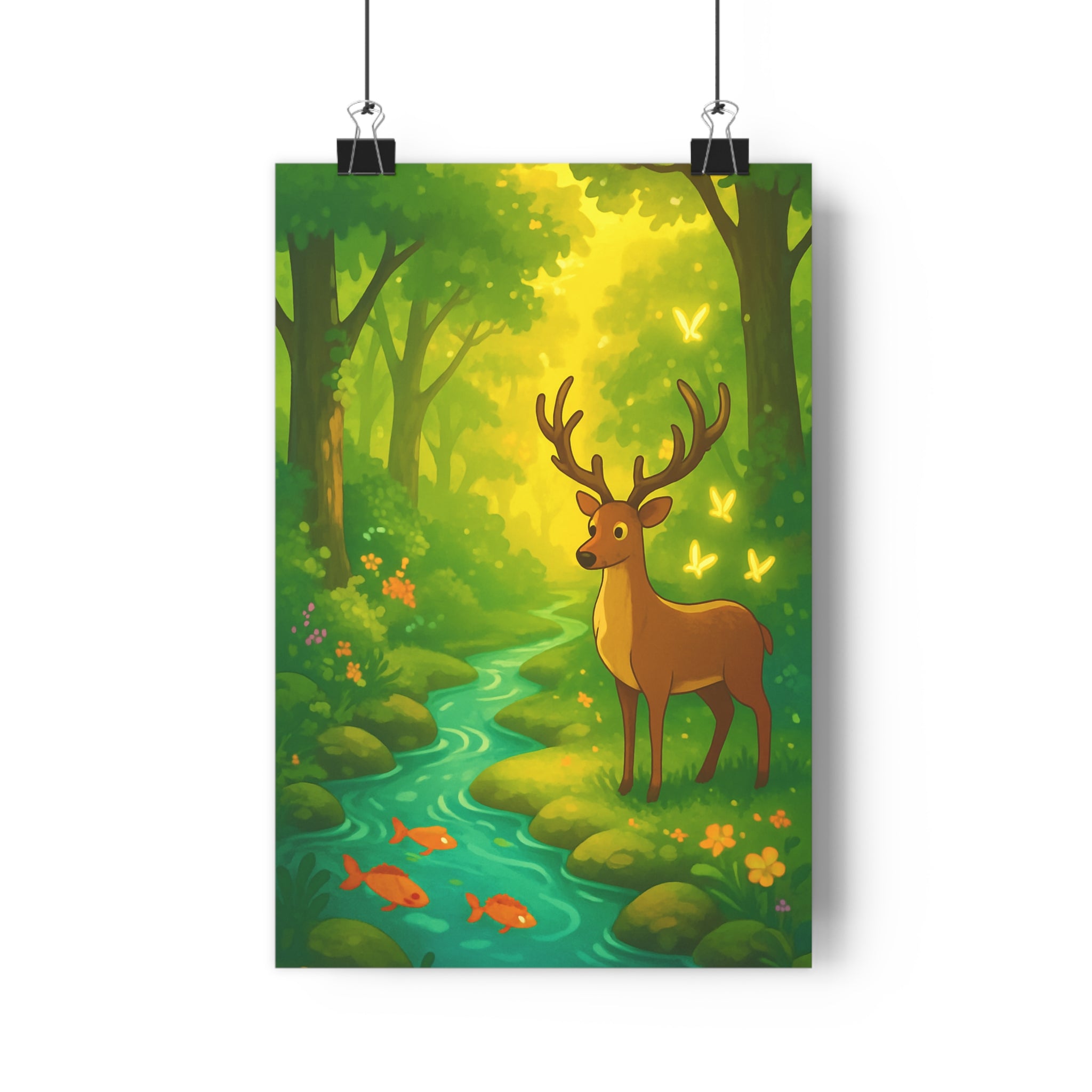Poster décoratif cartoon nature vert pastel cerf lumineux paisible salon chambre déco mural tableau