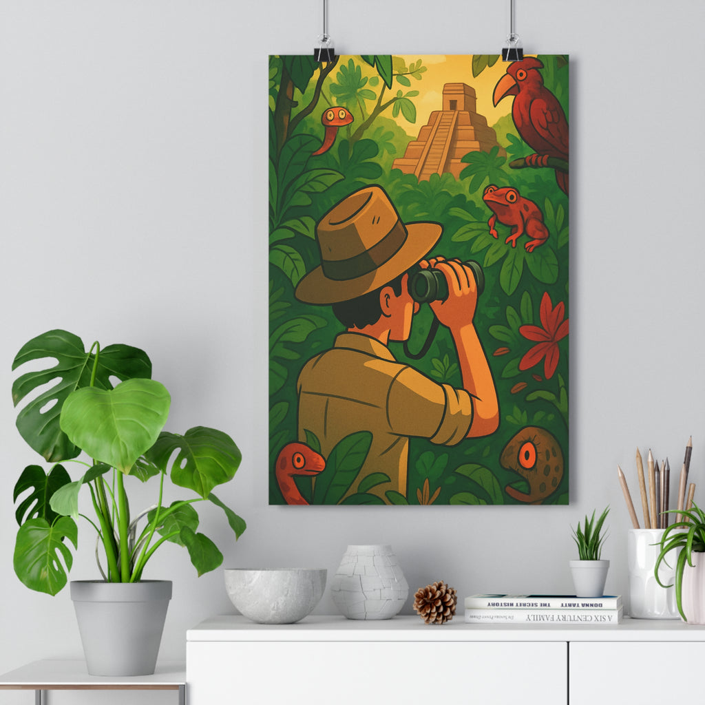 Poster décoratif aventure jungle vert rouge explorateur cartoon mystique salon chambre nature exotique vibrant