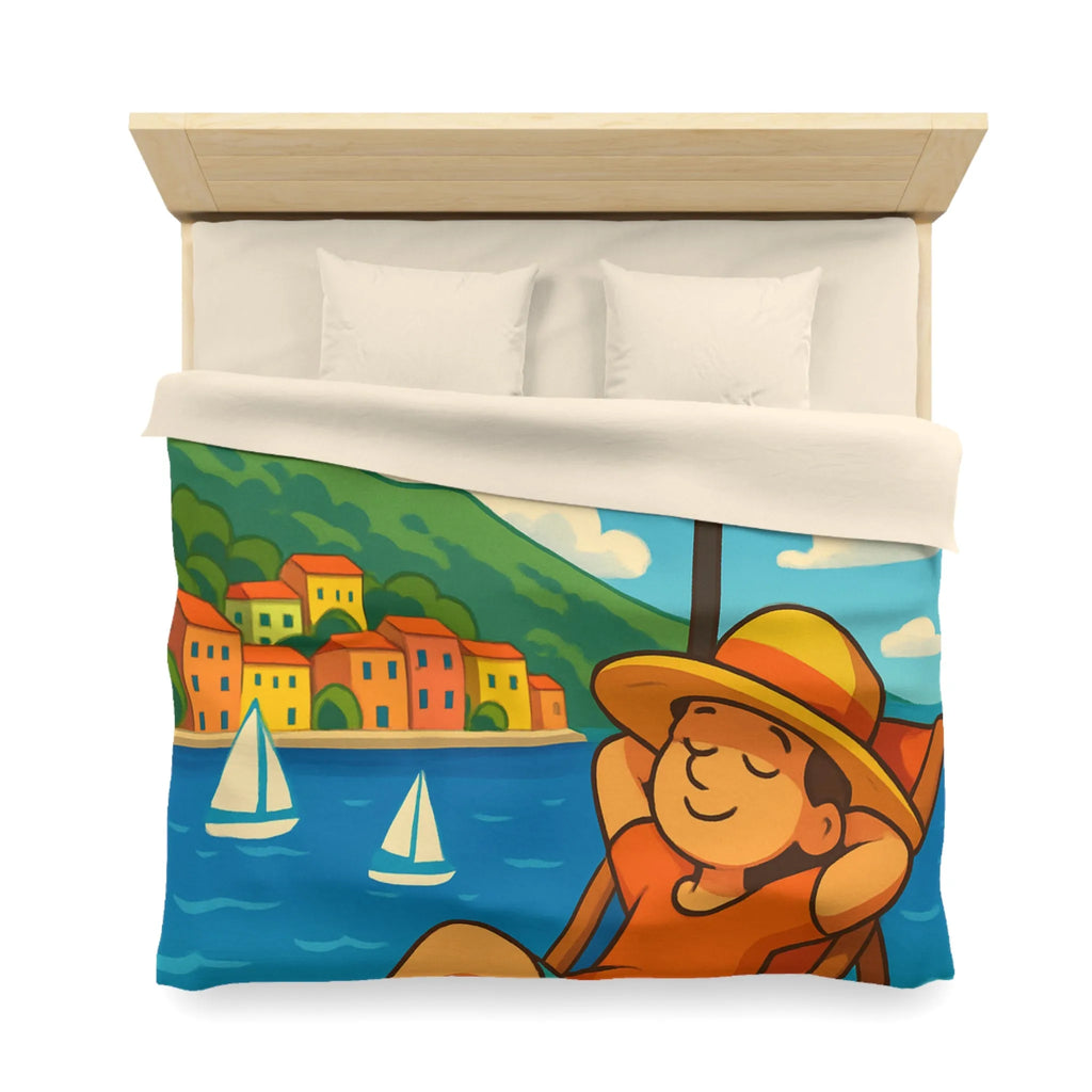 Housse de Couette Colorée Plage avec Parasol, Mer et Voiliers Décontractés Illustration