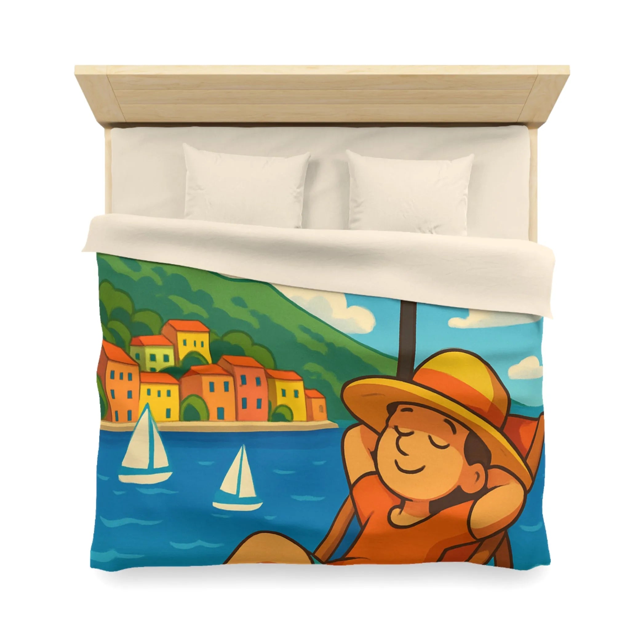 Housse de Couette Colorée Plage avec Parasol, Mer et Voiliers Décontractés Illustration