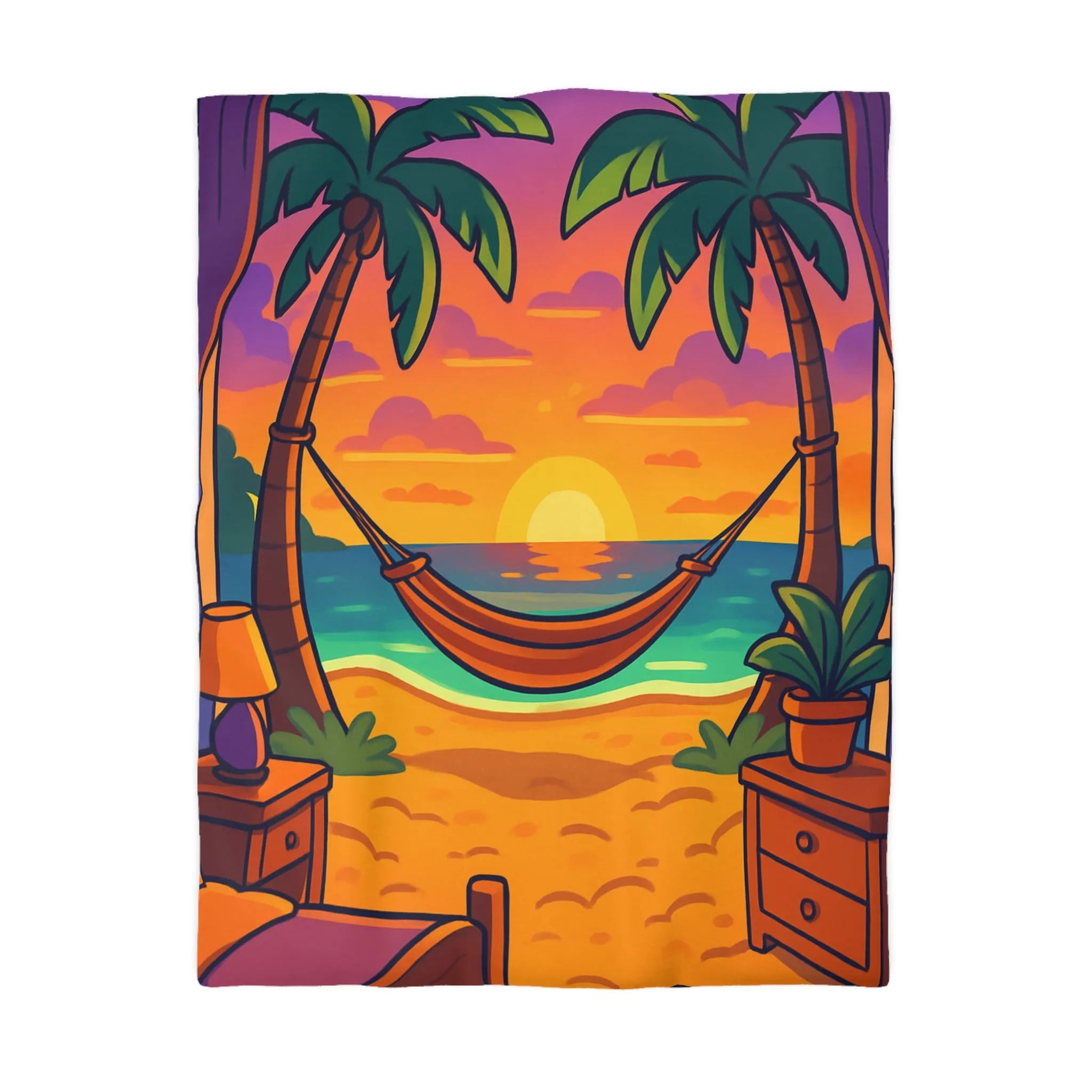 Housse de couette coucher de soleil tropical avec palmiers et hamac détendu