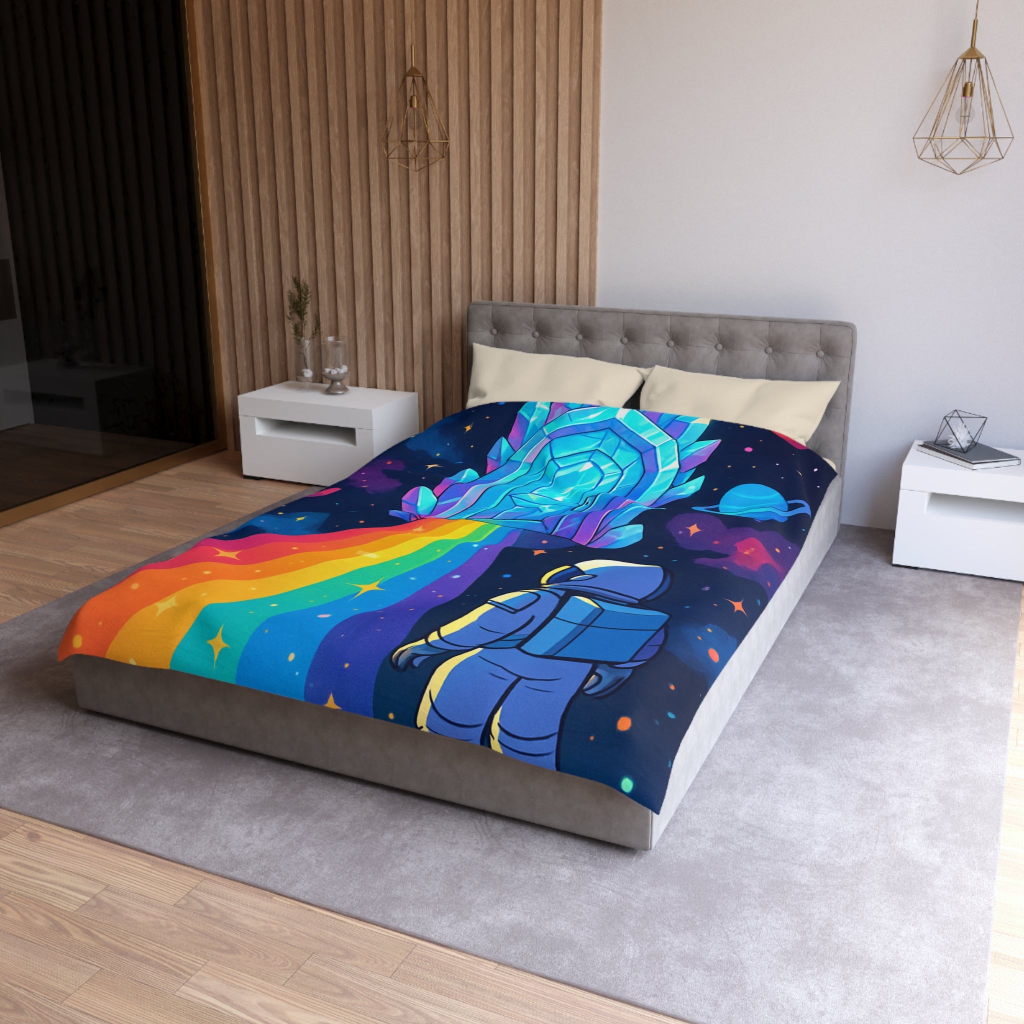Housse de couette rêve cosmique : astronaute, porte de cristal et univers coloré