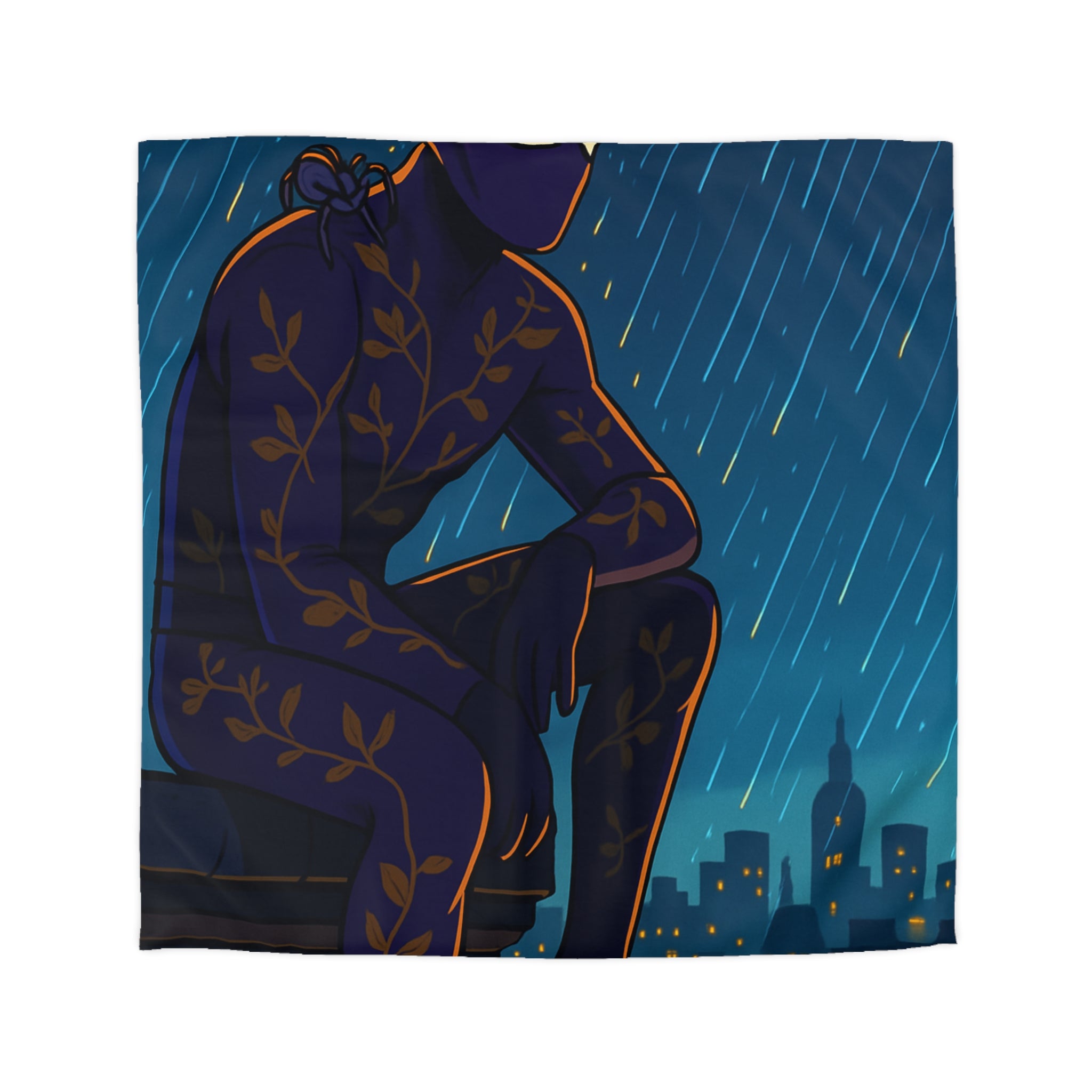 Housse de couette violette avec super-héros mystérieux sous la pluie nocturne colorée