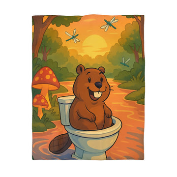 Housse de Couette Enfant Animée avec Castor Amusant et Paysage de Forêt Enchantée