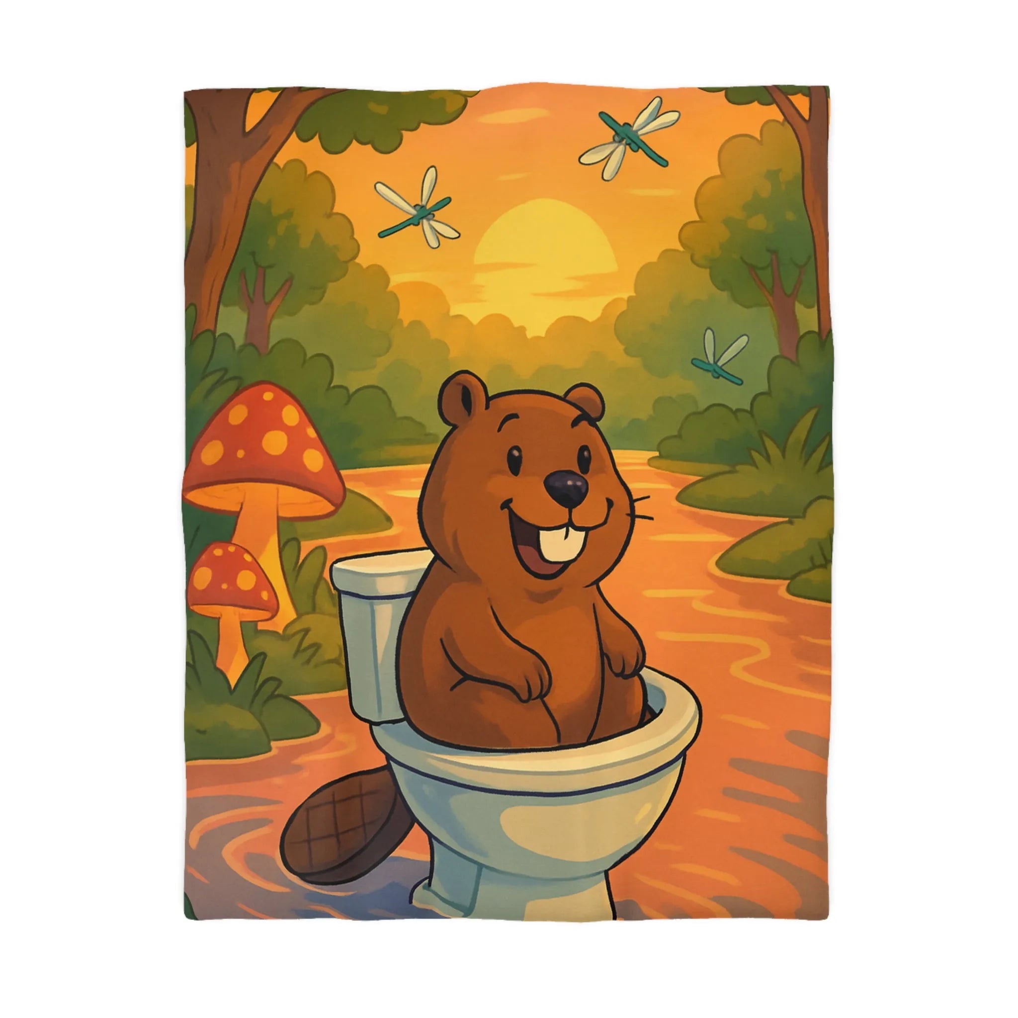 Housse de Couette Enfant Animée avec Castor Amusant et Paysage de Forêt Enchantée