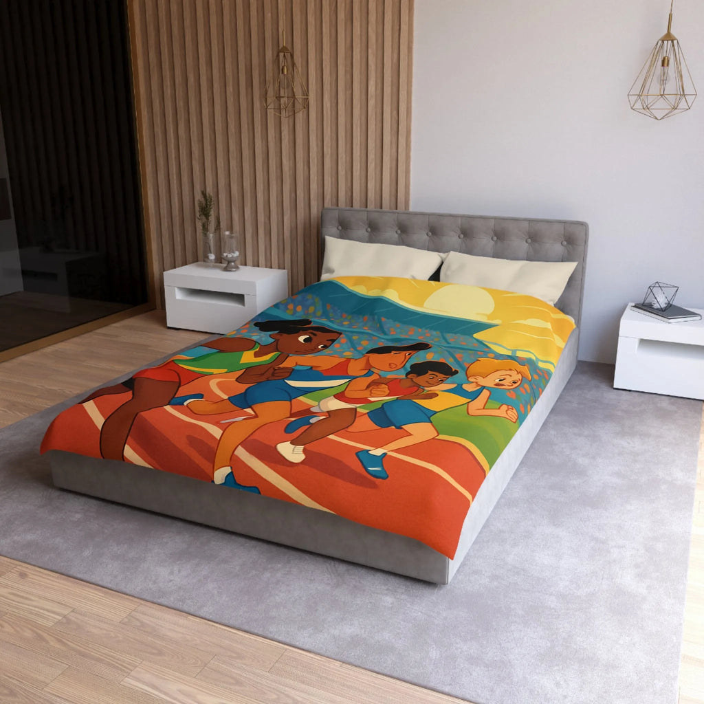Housse de couette illustrée course d’athlétisme enfants vibrant soleil dynamique