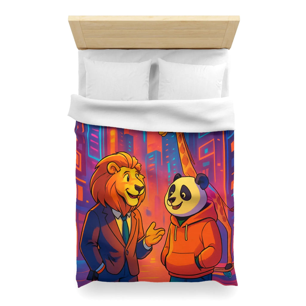 Housse de couette colorée avec lion et panda en costume urbain de ville futuriste