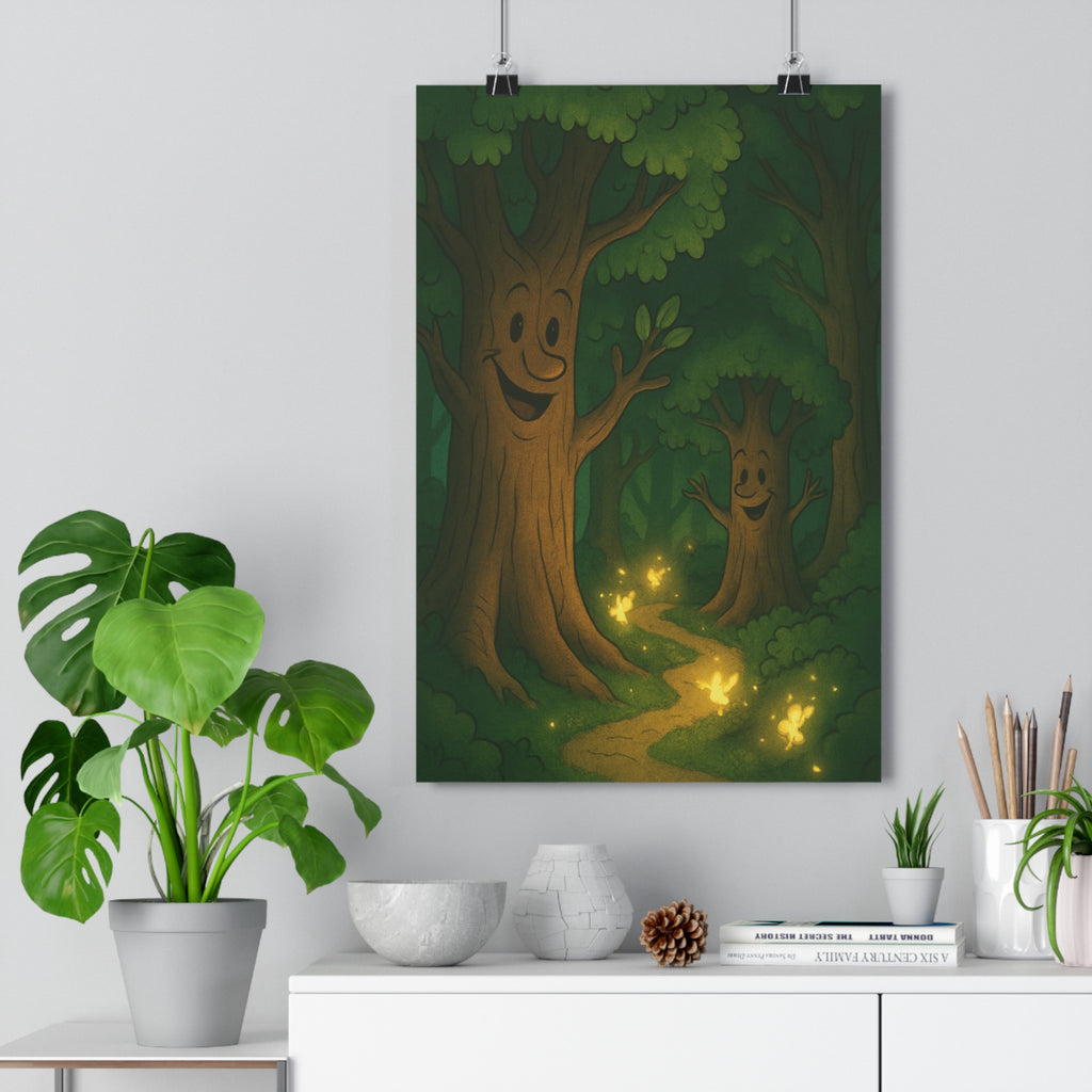 Poster décoratif cartoon forêt magique vert doré lumineux féerique enfant chambre ambiance joyeuse expressive