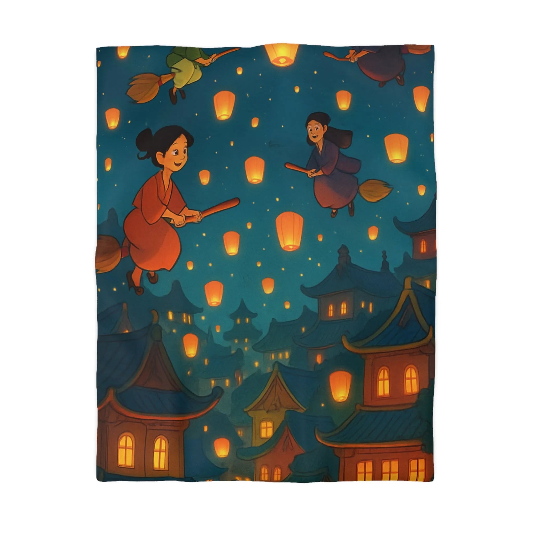 Housse de Couette Magique avec Sorcières Volantes et Lanternes dans le Ciel Nocturne