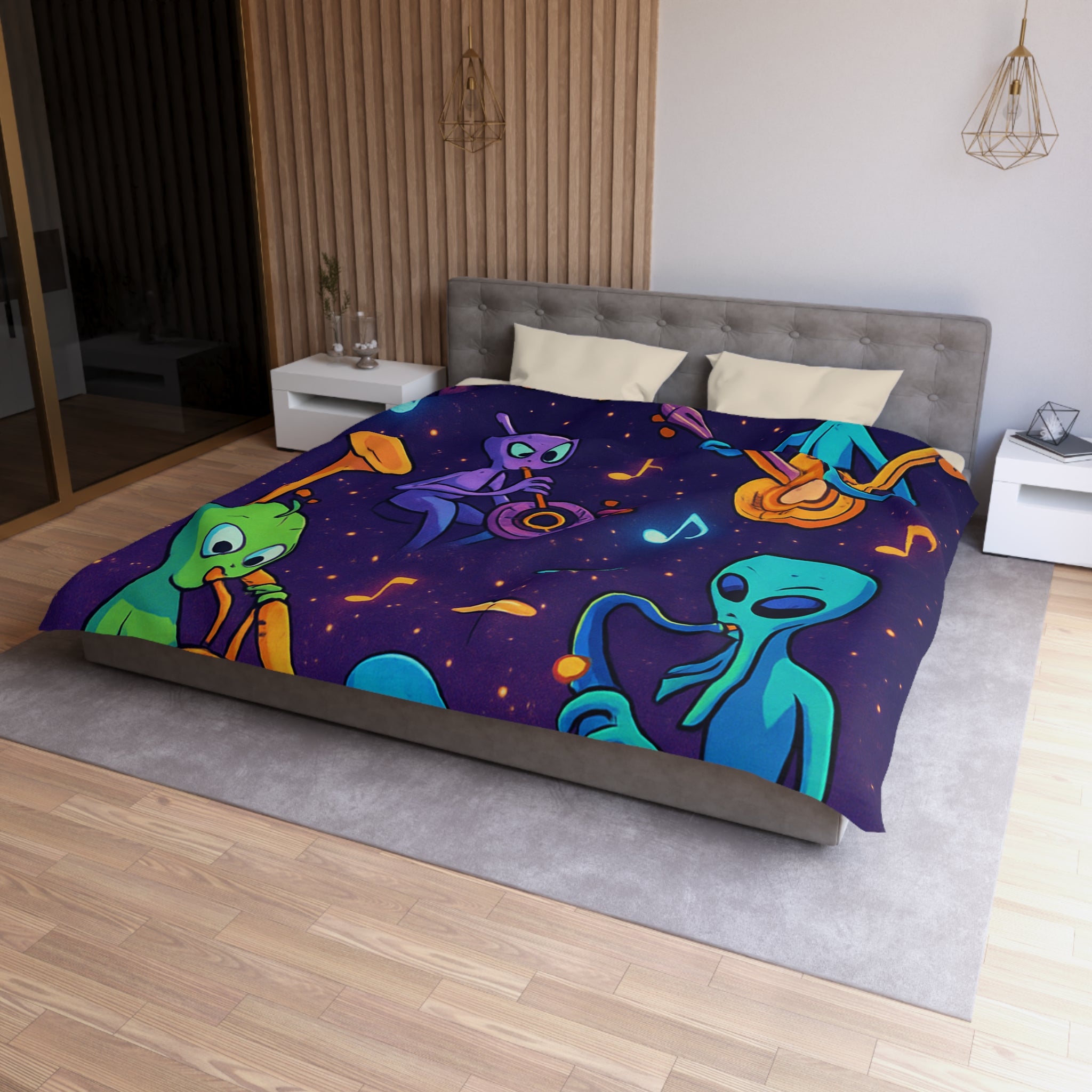 Housse de Couette Motif Aliens Musiciens Colorés Enchantant L'univers Spatial Fantastique