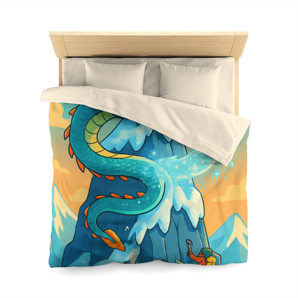 Montagne enneigée gardée par un dragon crachant de la glace, aventure épique illustrée