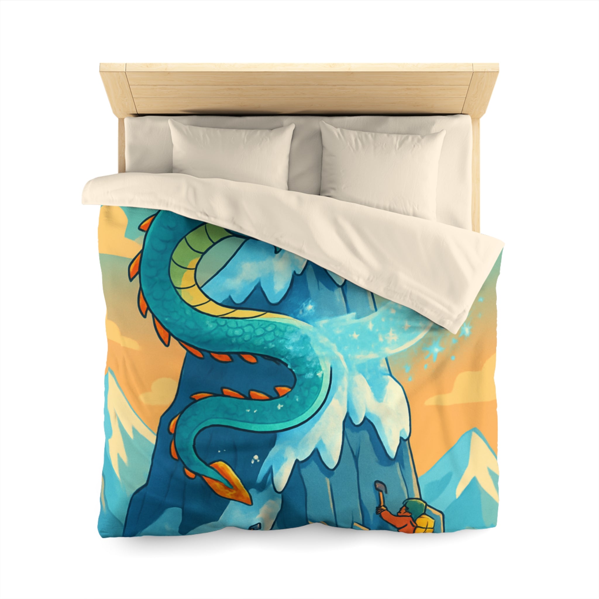 Montagne enneigée gardée par un dragon crachant de la glace, aventure épique illustrée