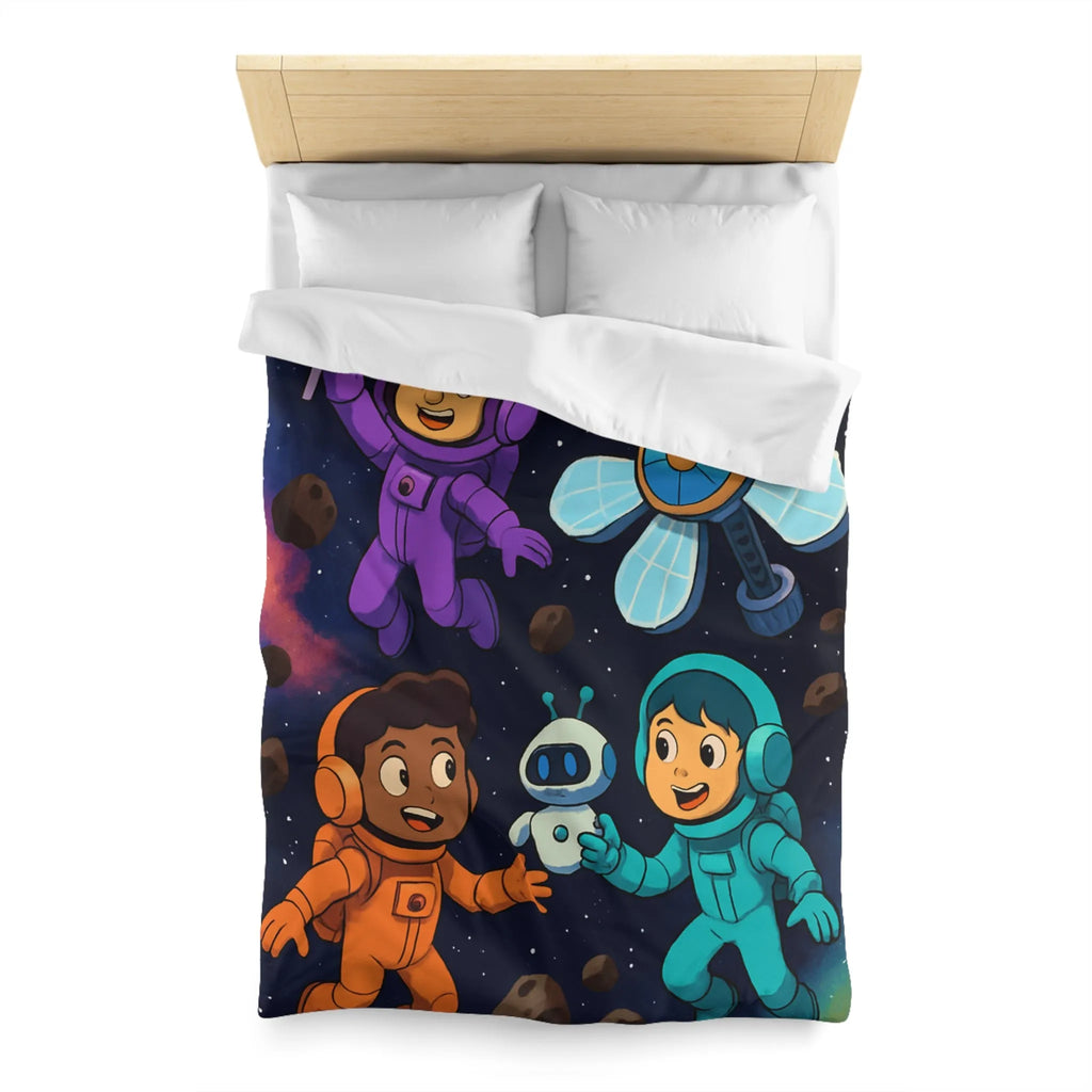 Housse de couette inspirée espace enfants, astronautes colorés, étoiles et planètes joyeuses