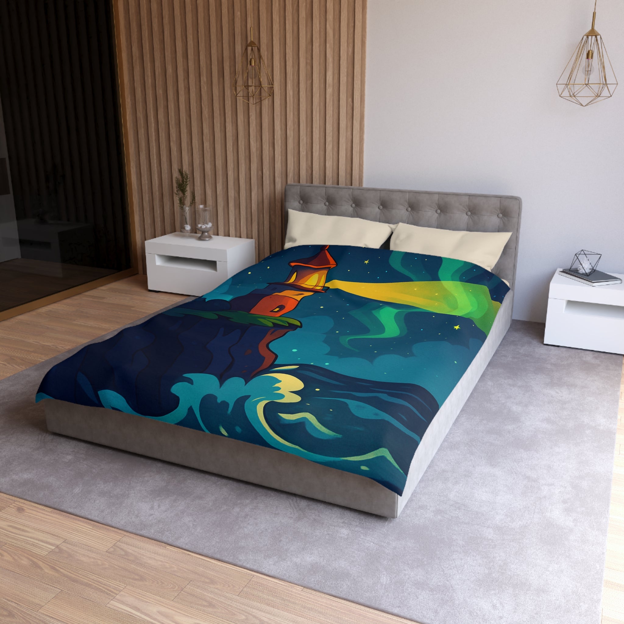 Housse de couette phare rouge illuminant océan étoilé, paysage nocturne inspirant rêve.