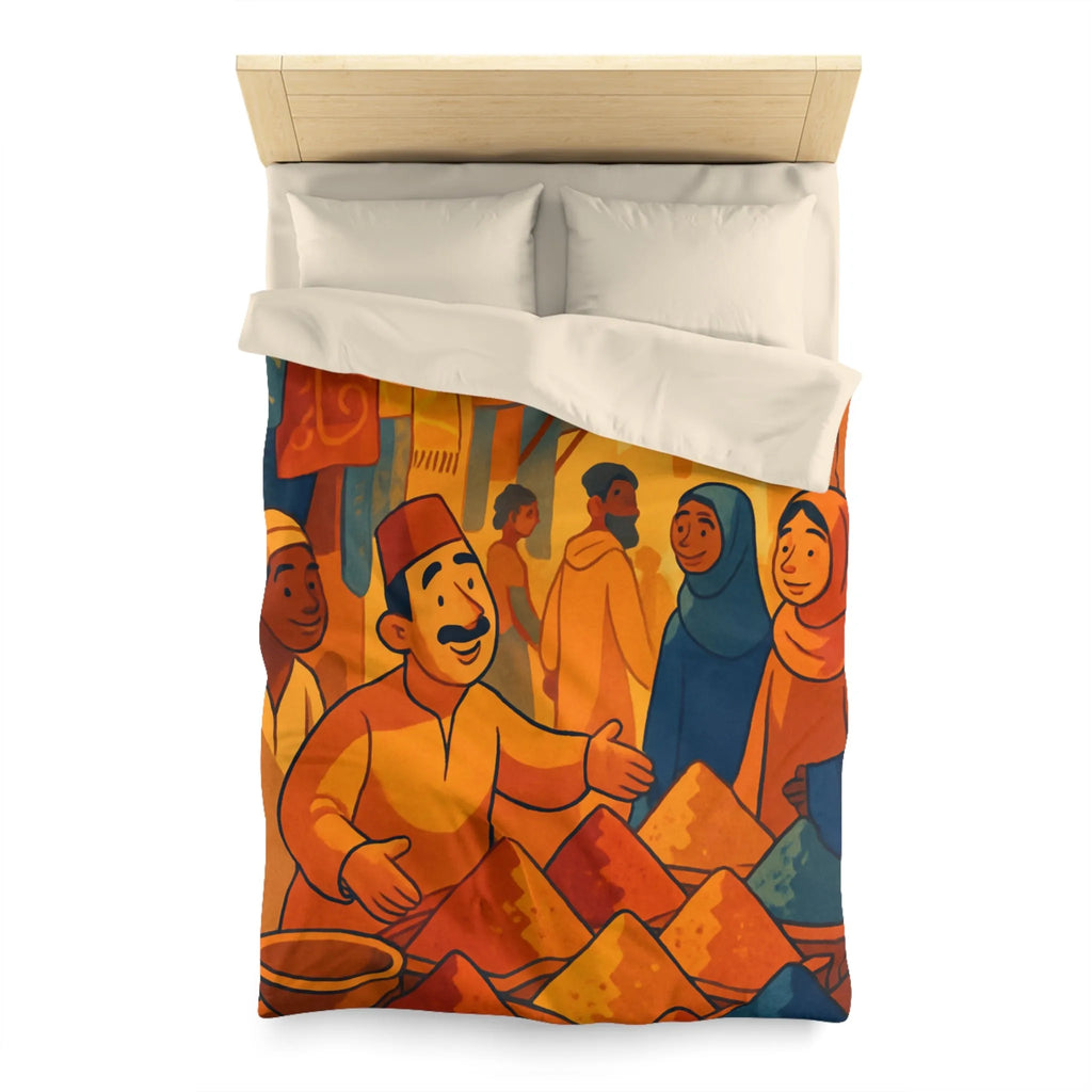 Housse de couette avec scène de marché colorée inspirée de l'art oriental chaleureux