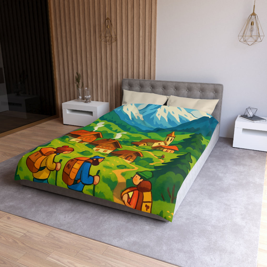 Housse de Couette Montagne avec Aventureurs, Chalets et Paysage Montagnard Enneigé