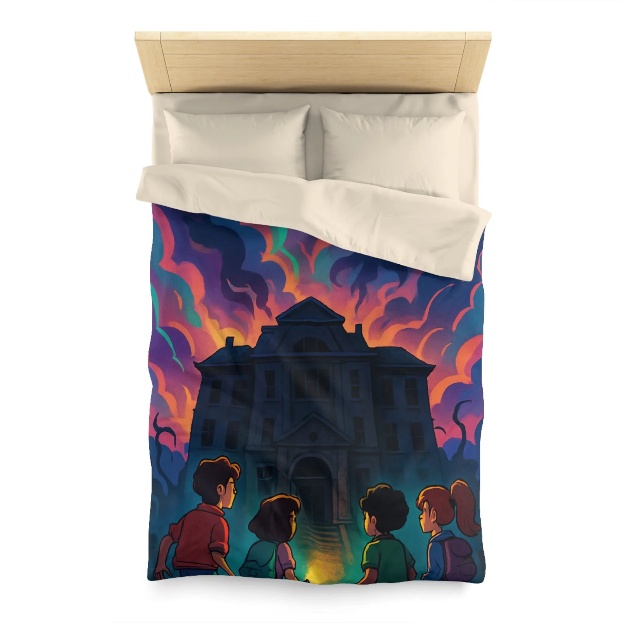 Housse de couette colorée avec maison hantée et nuages effrayants pour chambre inspirée
