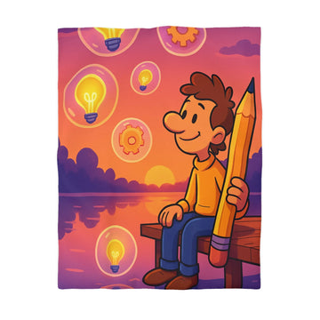 Housse de couette homme dessinant lac couchant ampoules engrenages pull orange jeans bleus chaussures marron ciel rose violet eau calme