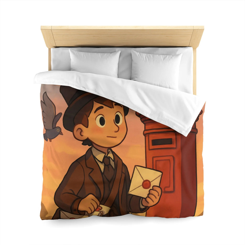 Housse de couette illustrée avec poste vintage et pigeons dans ciel au coucher du soleil