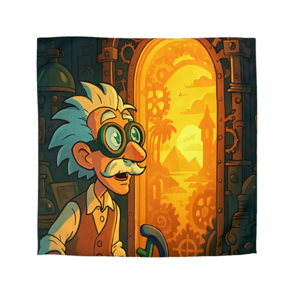 Housse de couette avec professeur inventeur et porte mystérieuse aux teintes orangées