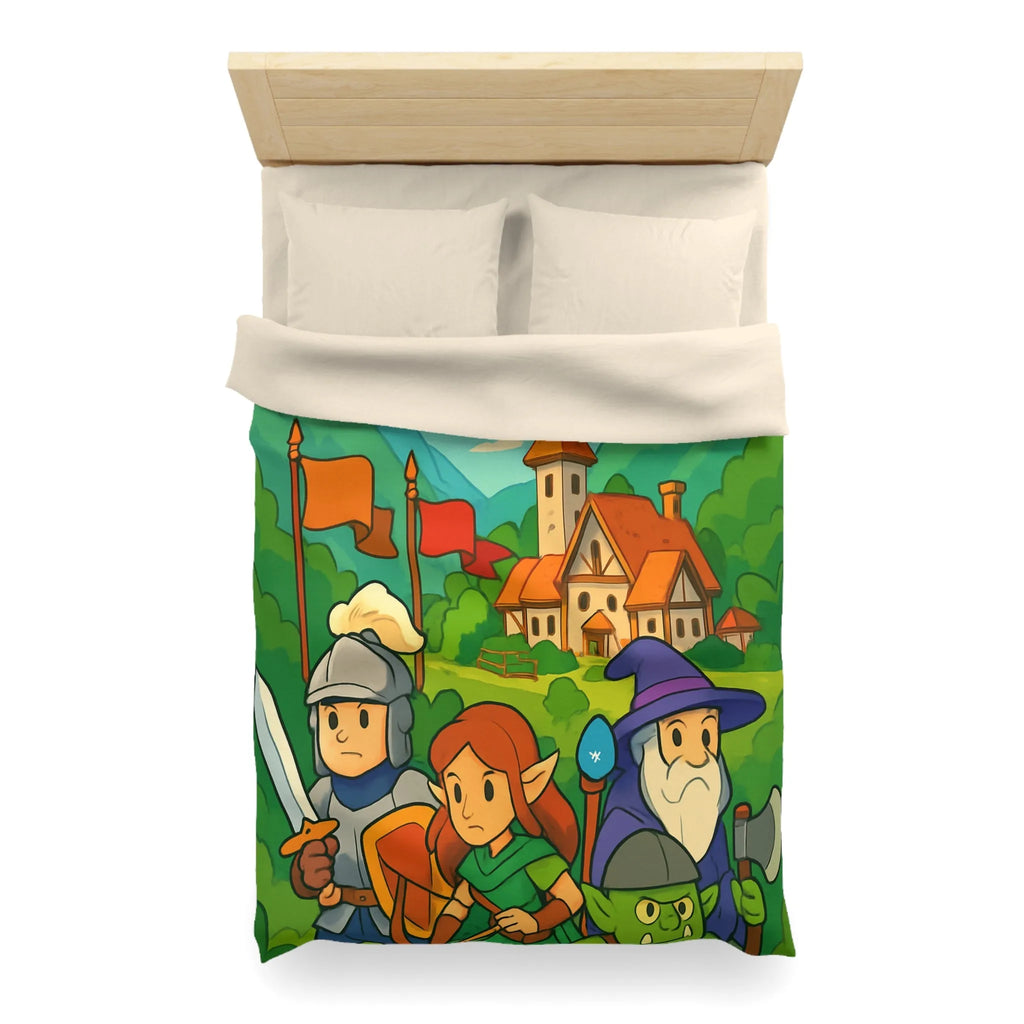 Housse de couette aventure médiévale avec dragons, chevalier, elfe, sorcier et troll