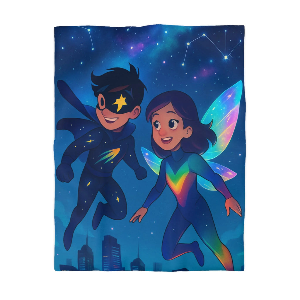 Housse de couette enfant illustrant super-héros lumineux volant au-dessus d’une ville étoilée