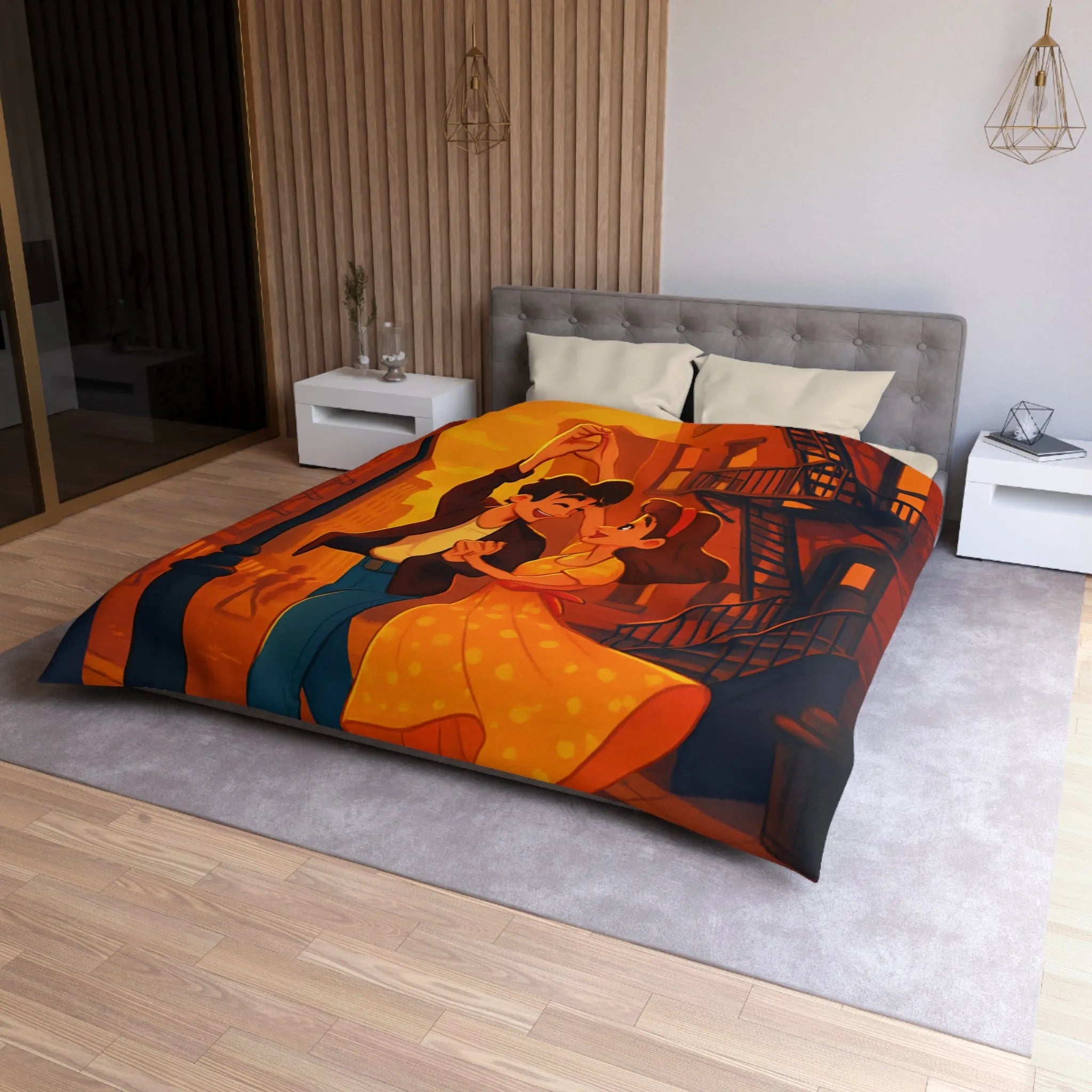 Danse romantique rétro sous réverbère vintage, ambiance urbaine crépusculaire charmante et nostalgique