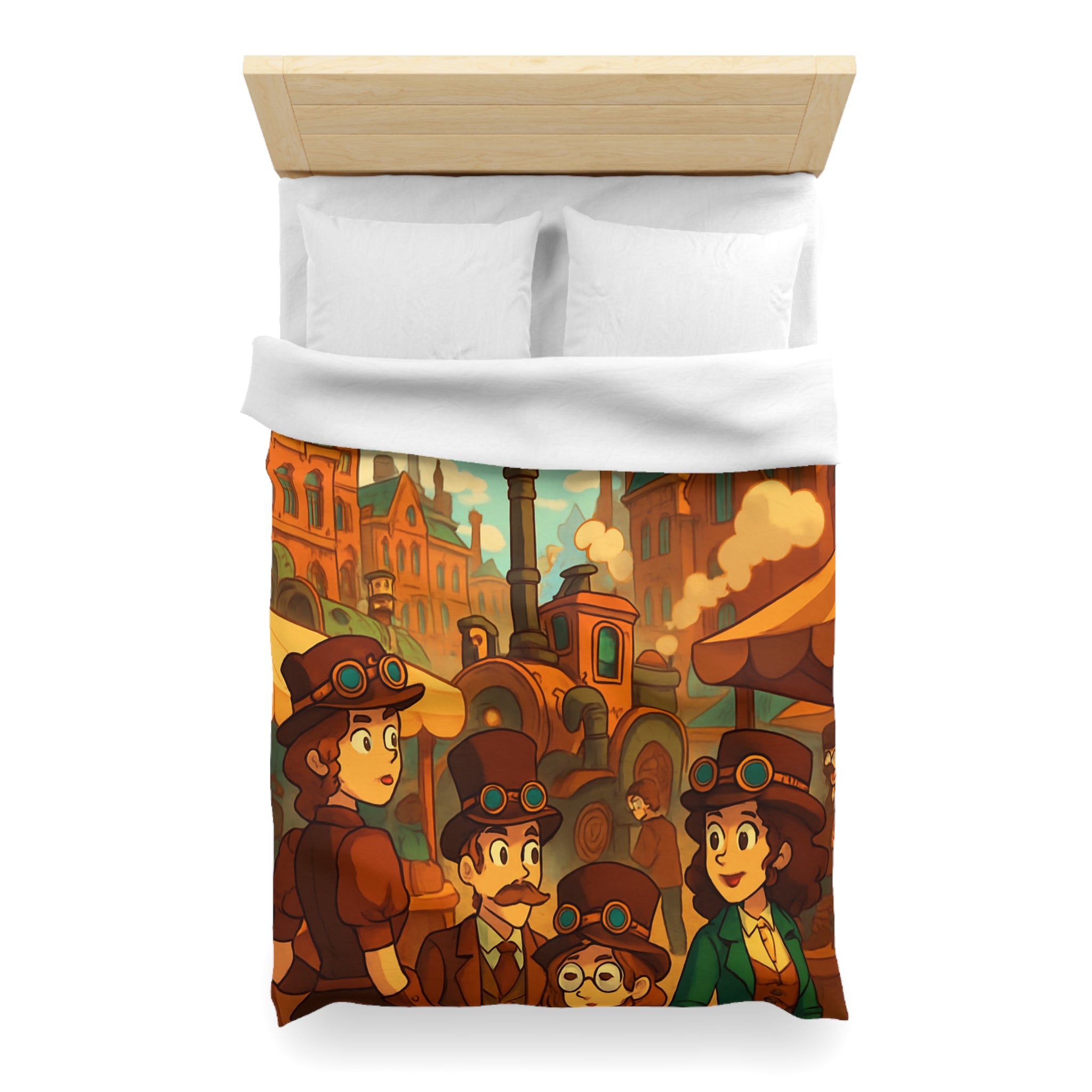 Housse de couette steampunk rétro avec famille, dirigeables et ville victorienne animée