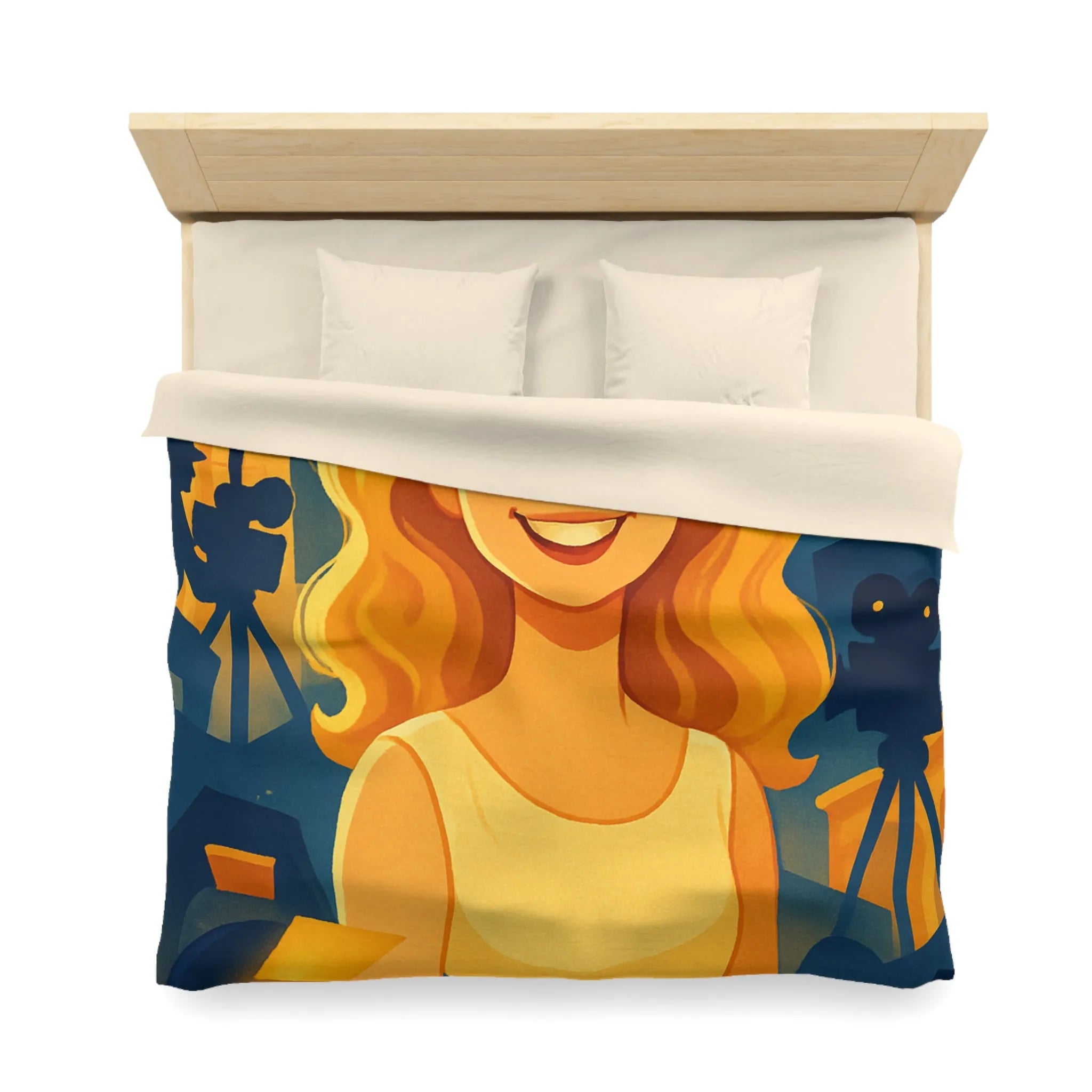 Housse de couette avec scène de tournage glamour et personnages stylisés illuminés