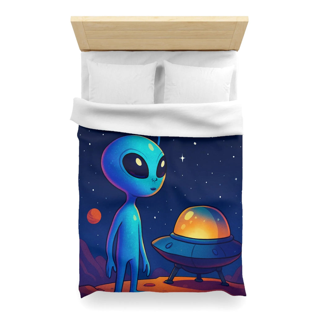 Housse de couette avec motif adorable de petit extraterrestre bleu et soucoupe volante