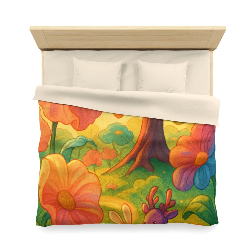 Housse de couette avec animaux mignons et fleurs colorées dans une forêt féerique