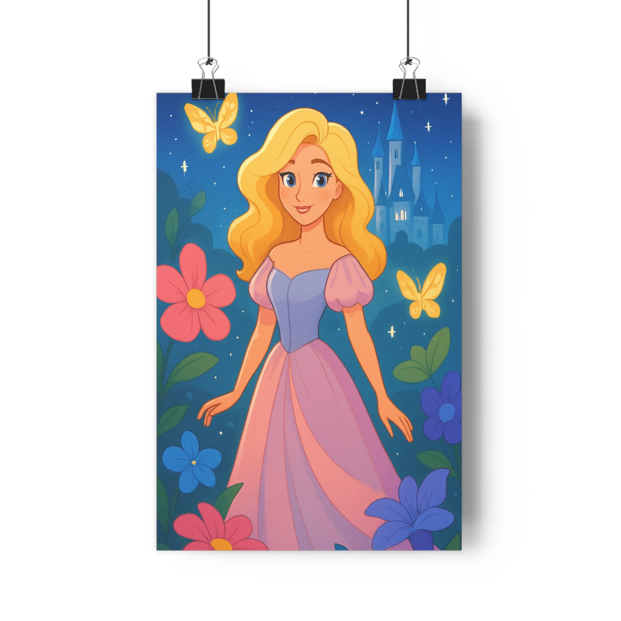 Poster décoratif pastel violet dessin animé magique enfant chambre fleurs papillons château ciel étoilé