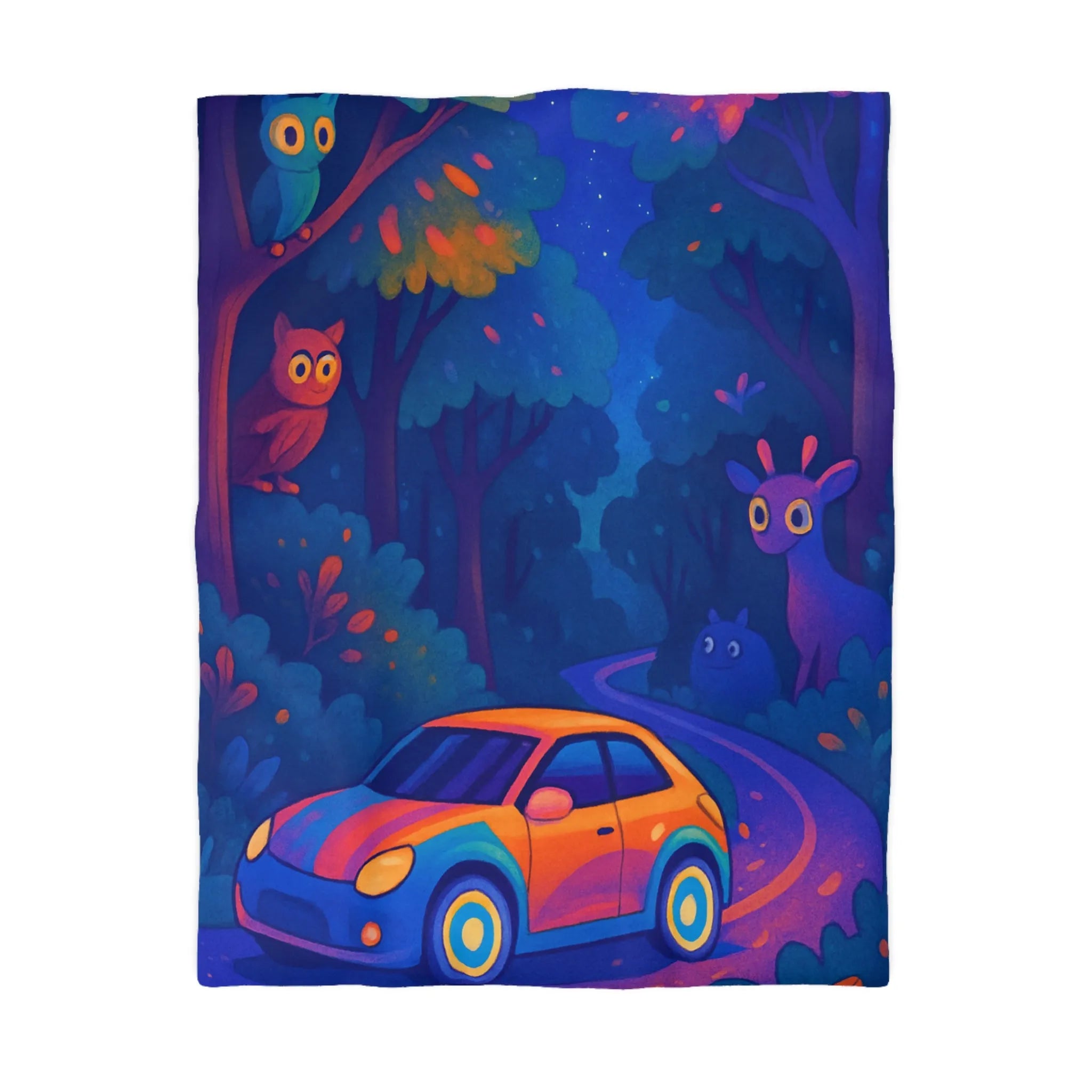Housse de couette forêt magique avec voiture et animaux, ambiance nocturne colorée fantastique