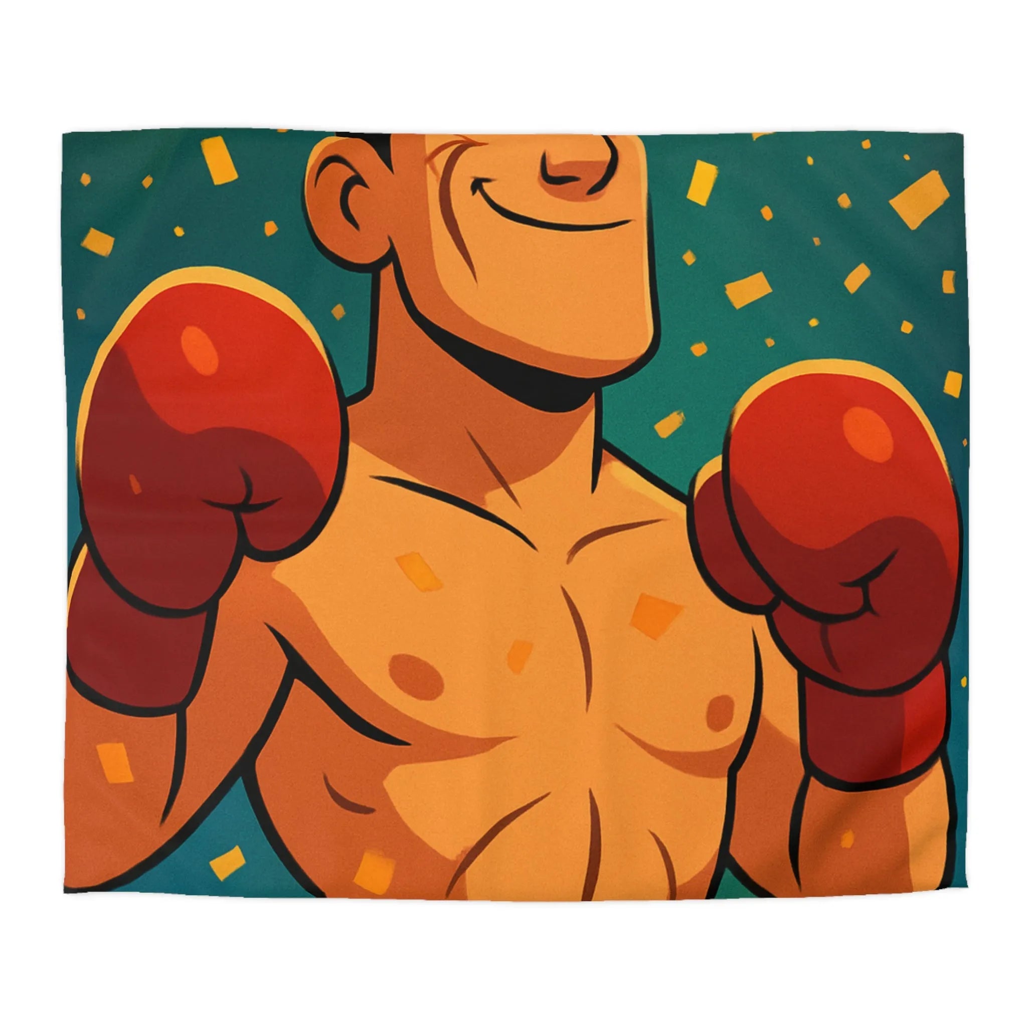 Housse de couette colorée avec boxeur en tenue rouge, ambiance festive dynamique