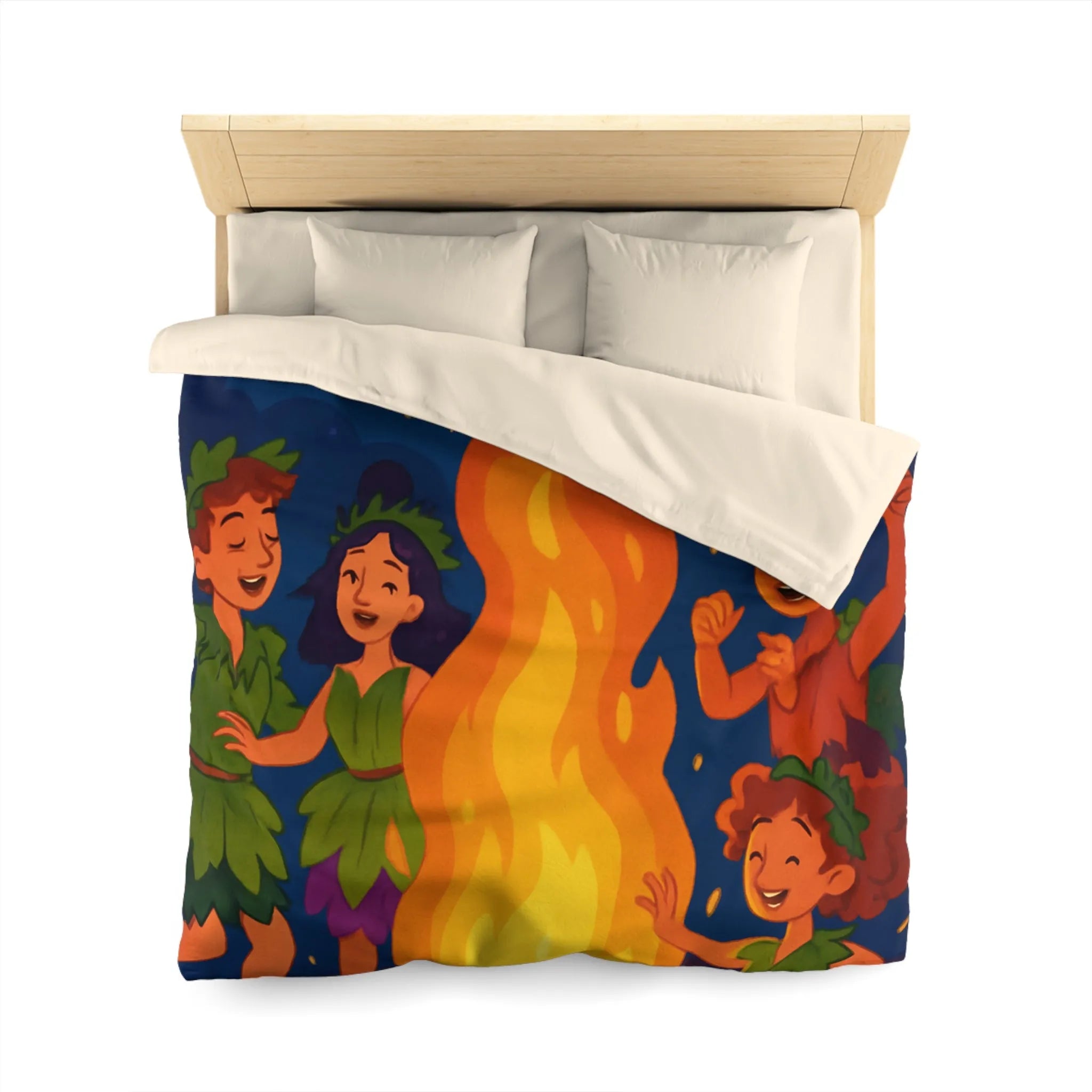 Housse de couette joyeuse autour d'un feu de camp avec enfants et raisins dansants