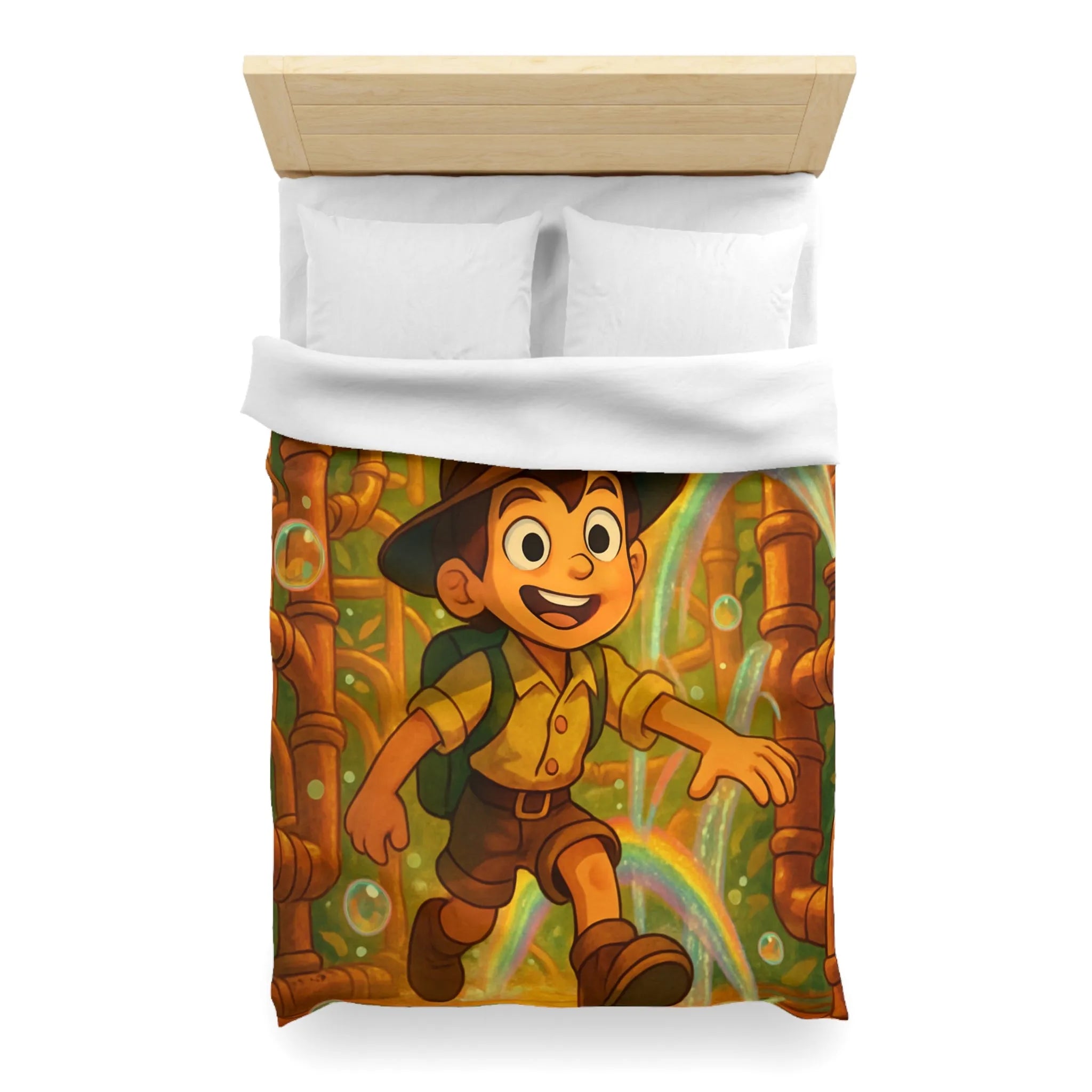 Housse de couette enfantine : garçon explorateur, tuyaux dorés, arcs-en-ciel et bulles joyeuses