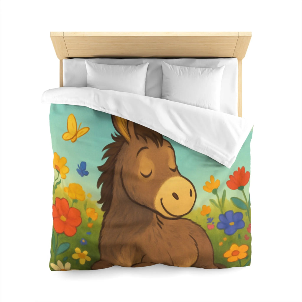 Housse de couette enfant Âne endormi, fleurs colorées et papillons dans un pré