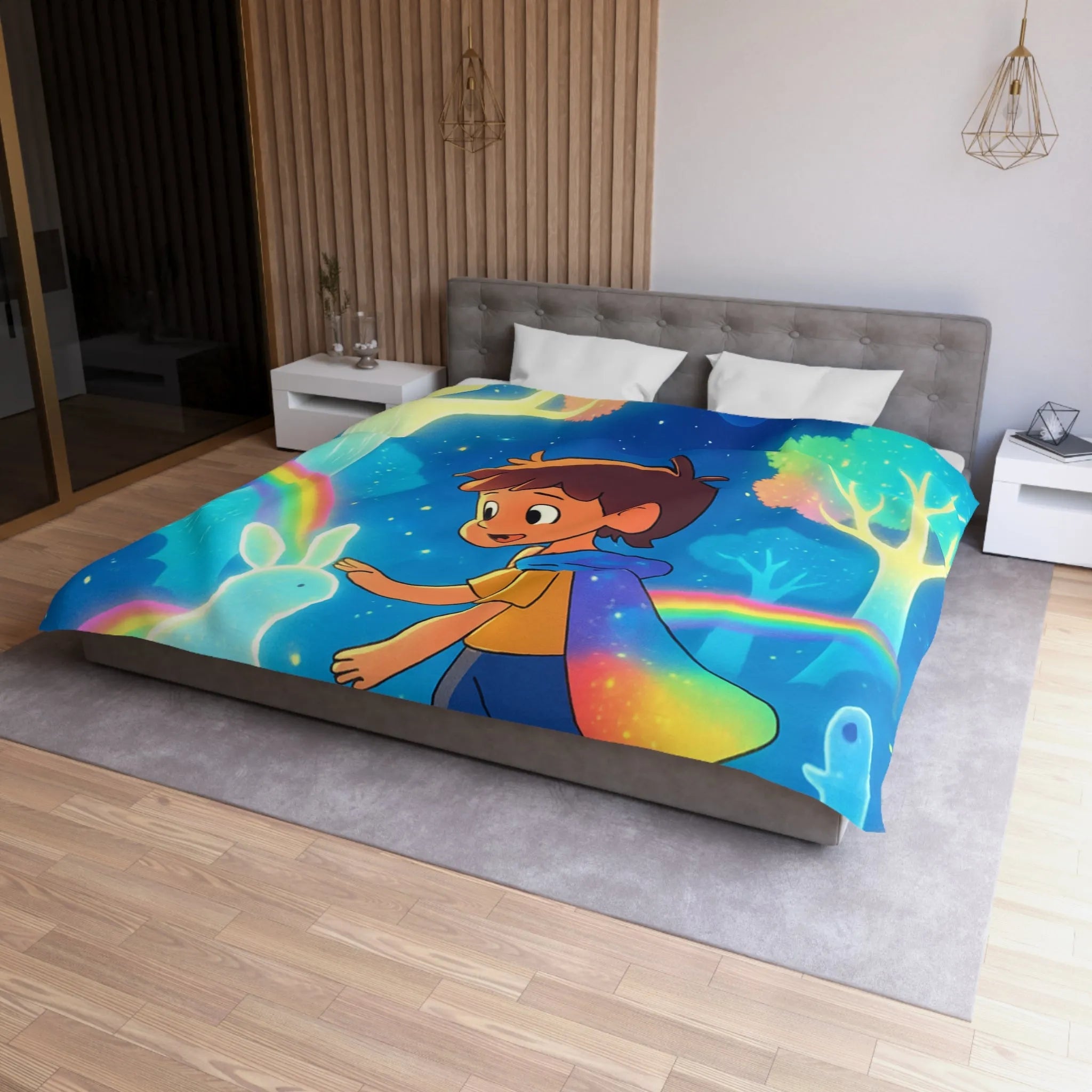 Housse de couette enfantine aux créatures lumineuses et arcs-en-ciel dans forêt enchantée