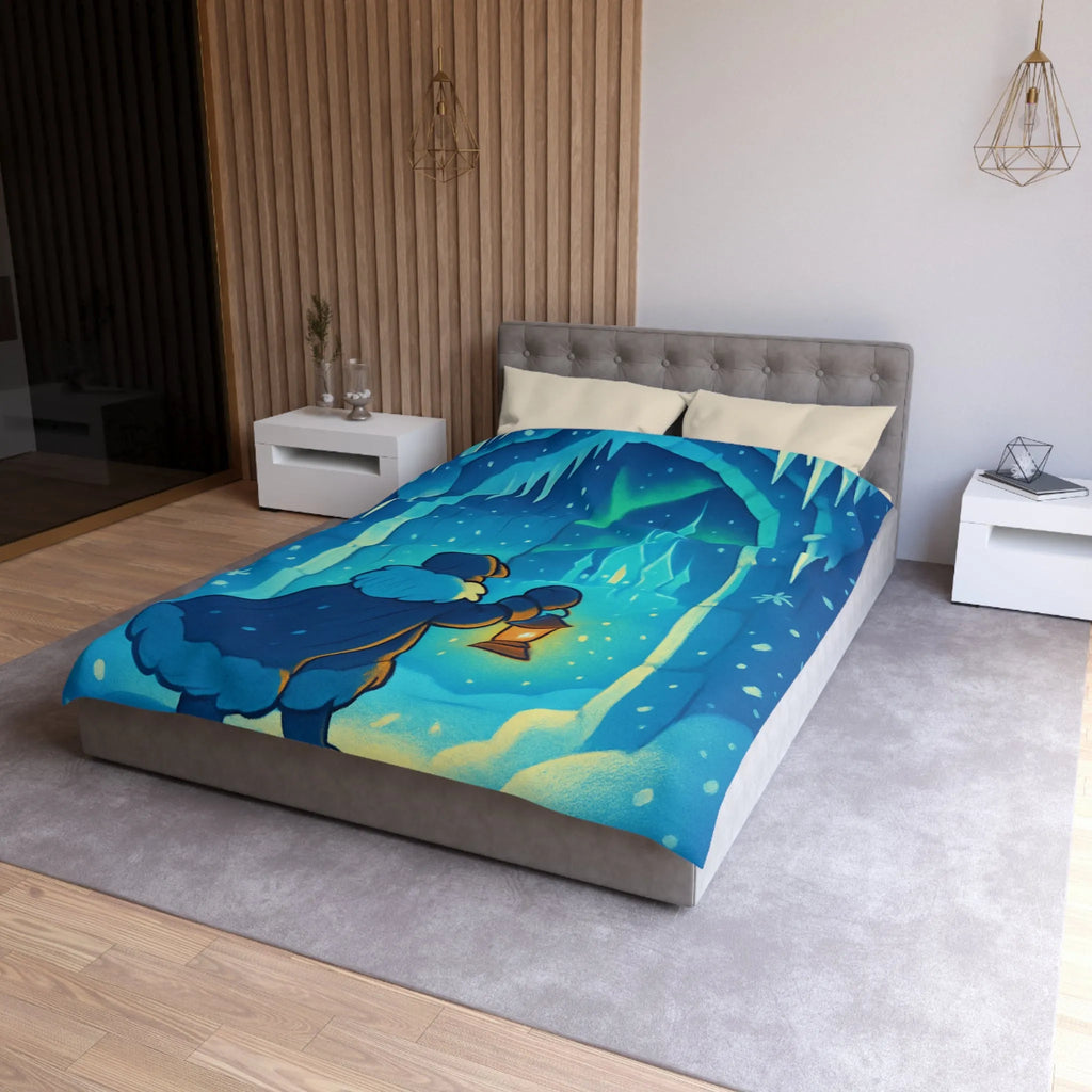 Housse de couette hivernale avec scène lumineuse de paysage enneigé et féérique