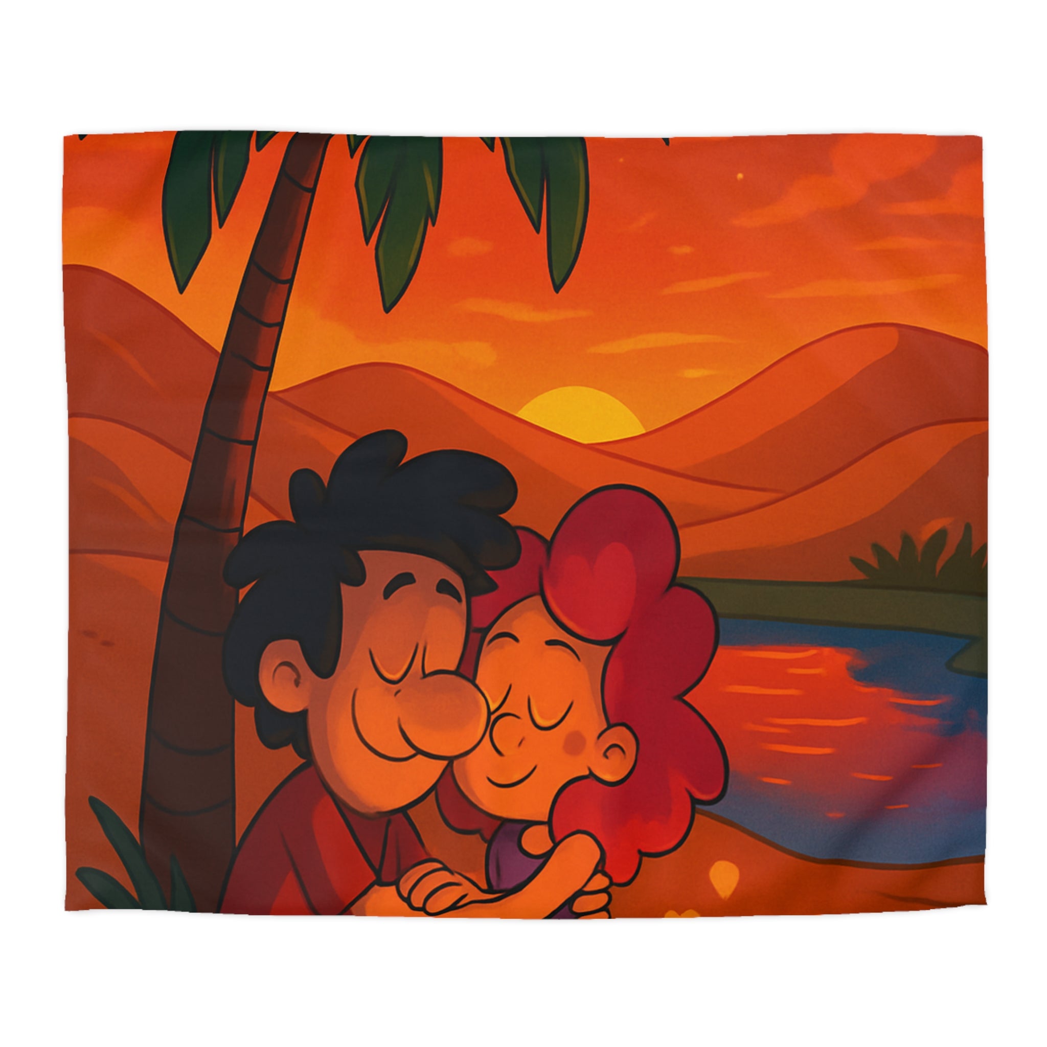 Housse de couette romantique avec couple câlin et coucher de soleil magique désertique