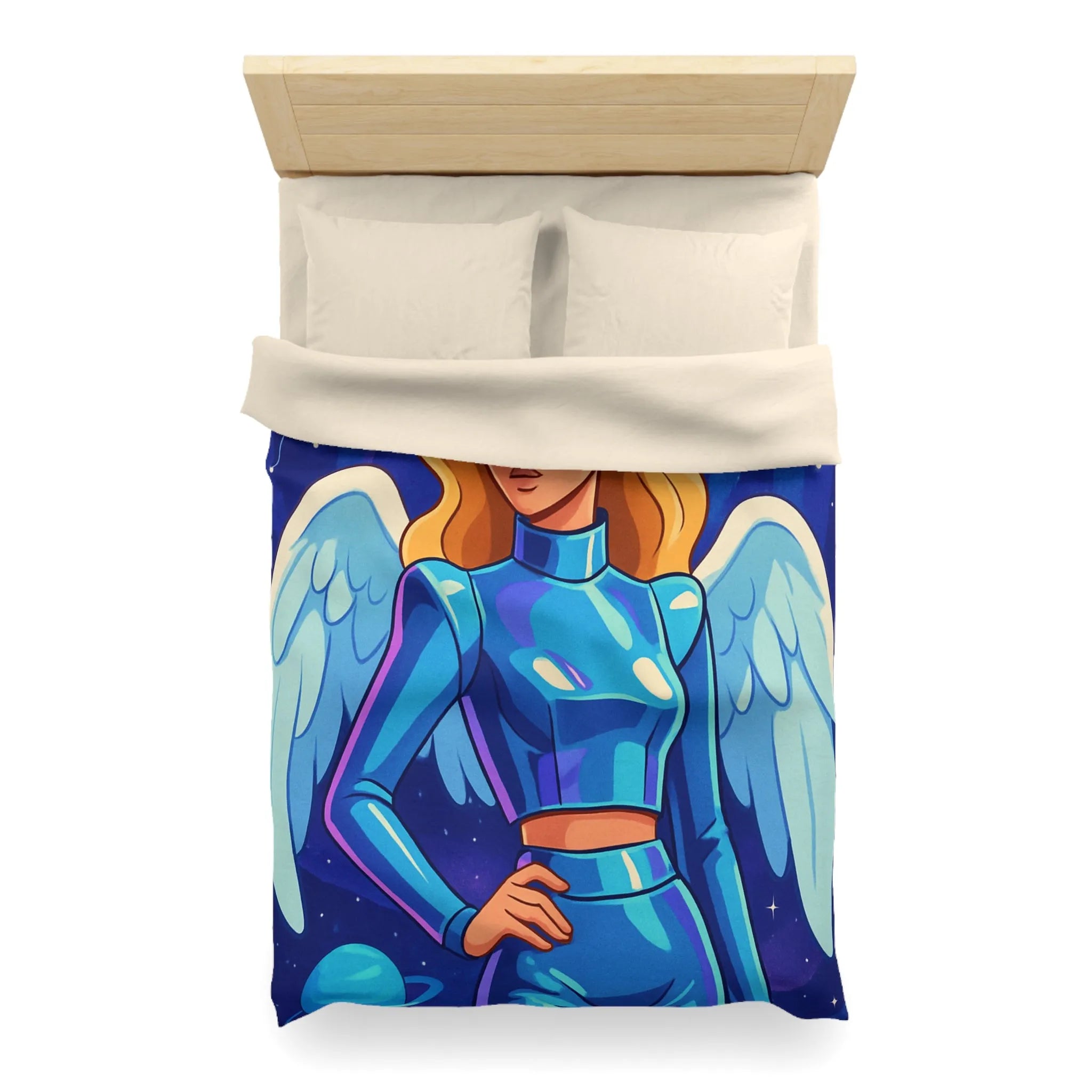 Housse de couette galactique avec ange moderne et planètes, style futuriste coloré