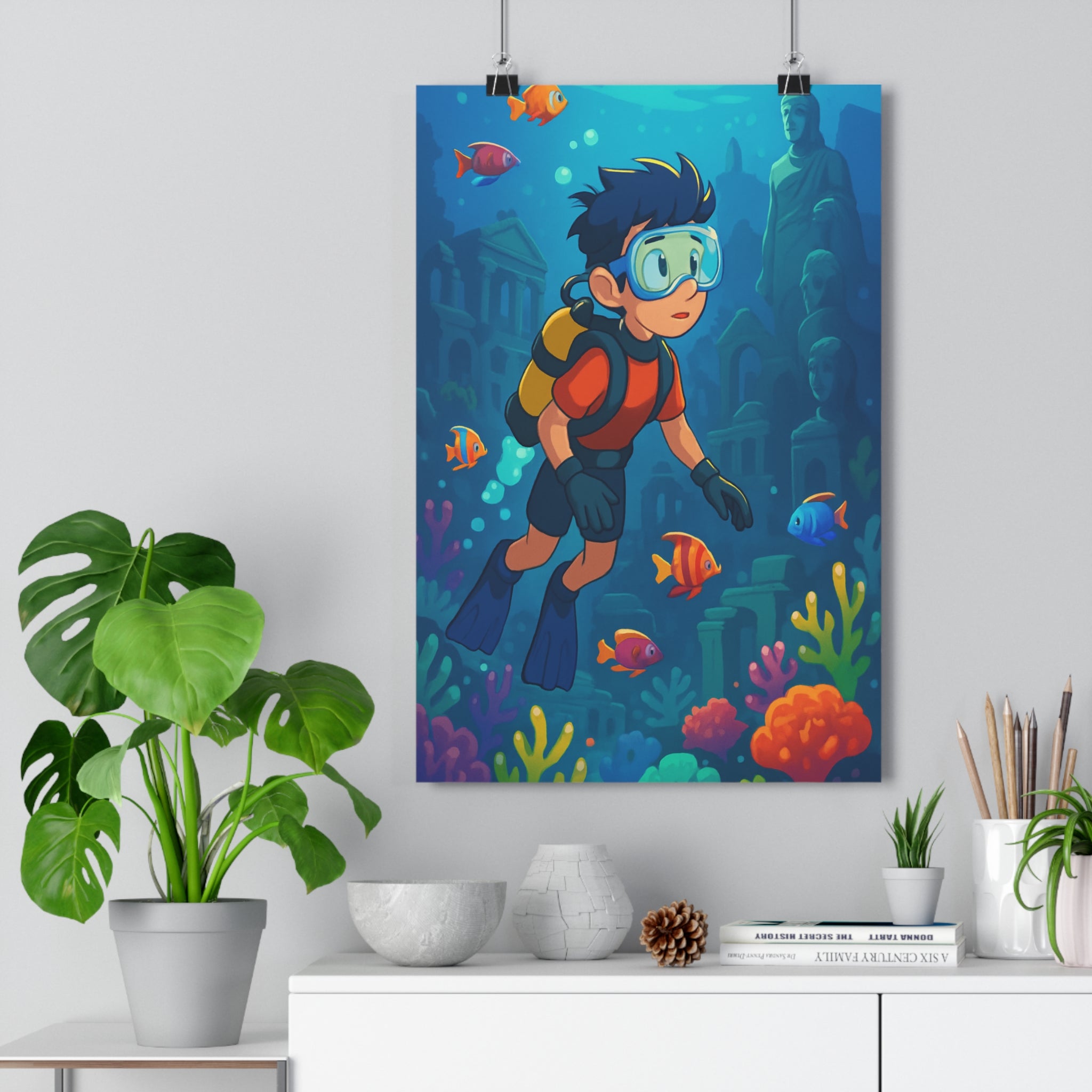 Poster décoratif aventure cartoon bleu vert chambre enfant ambiance mystique plongeur coraux vibrant 30x46