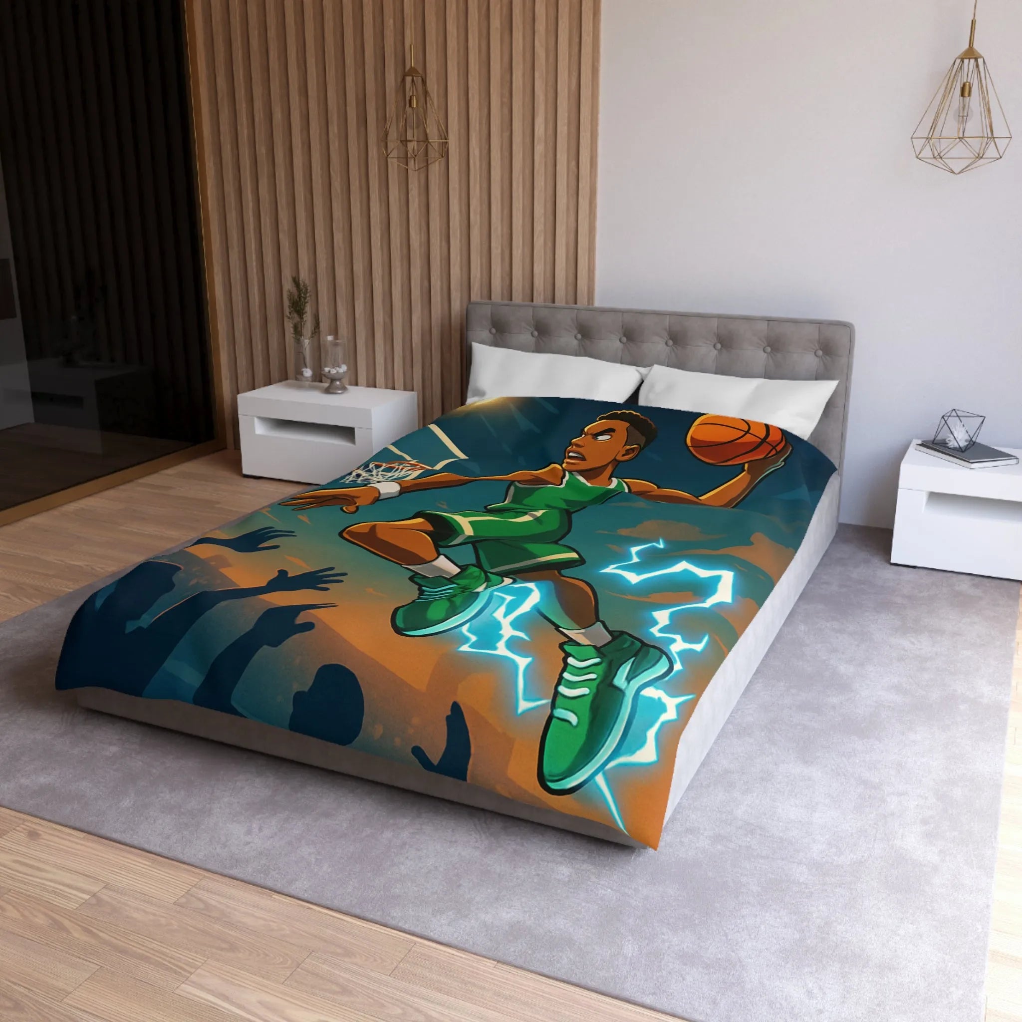 Housse de couette basket dynamique avec joueur en plein slam dunk lumineux