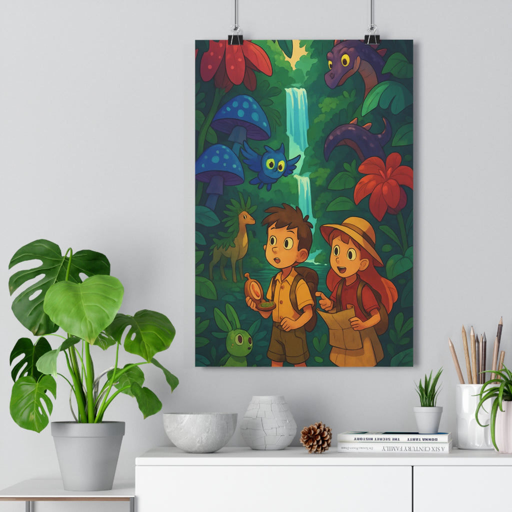 Poster décoratif aventure jungle vibrante dessin animé enfants créatures fantastiques cascade chambre magique vibrant