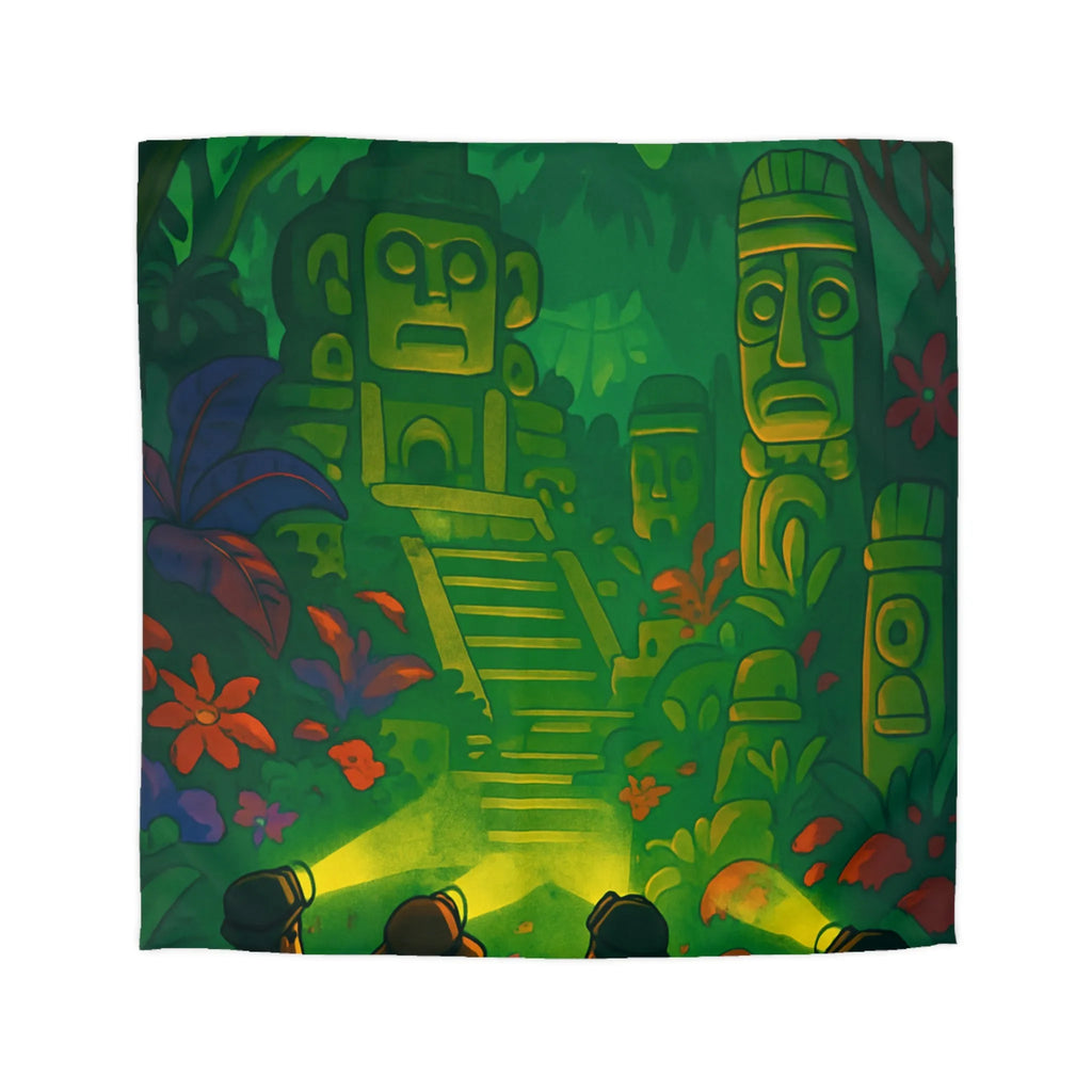 Housse de couette forêt tropicale avec statues anciennes, parfait pour les explorateurs nocturnes